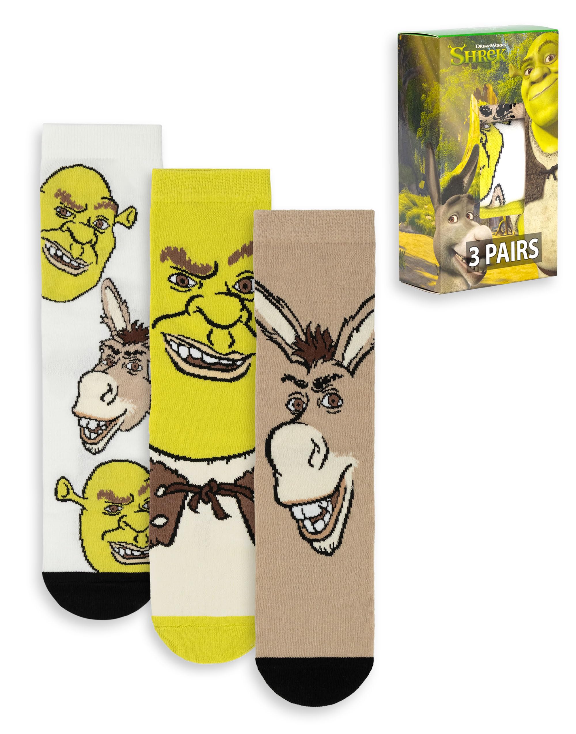 Shrek Donkey Unisex Multicoloured Calf Socks Set of 3 | Fun Movie Character Socks | Graphic Design for Everyday Wear Merch - 4-8 UK