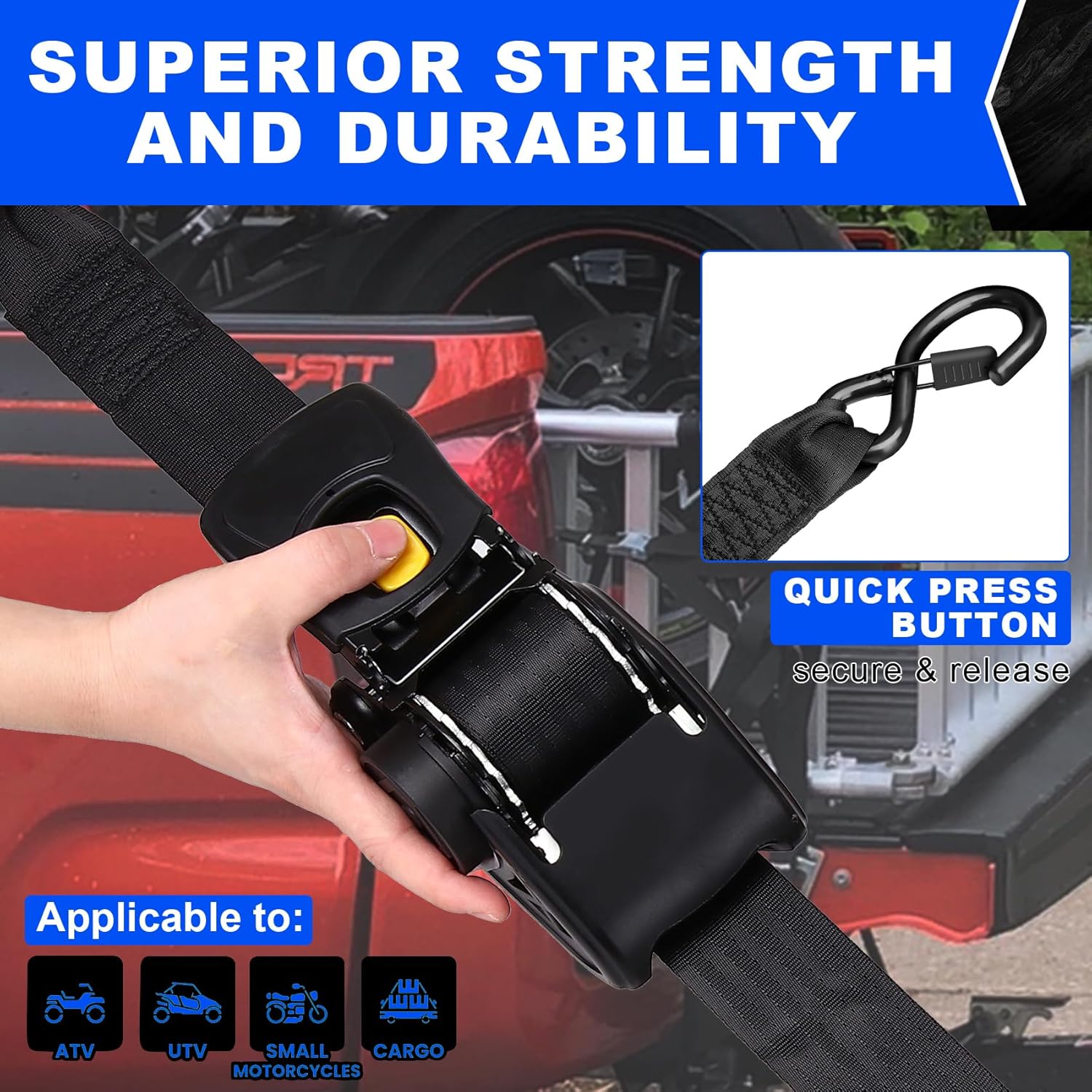 Heavy Duty Auto-Retract Ratchet Tie Down Straps, Black Nylon, 2 Inch x 10 Feet, 3500 lbs Load Capacity, Steel Hooks, Universal Truck Cargo Straps, 2-Pack