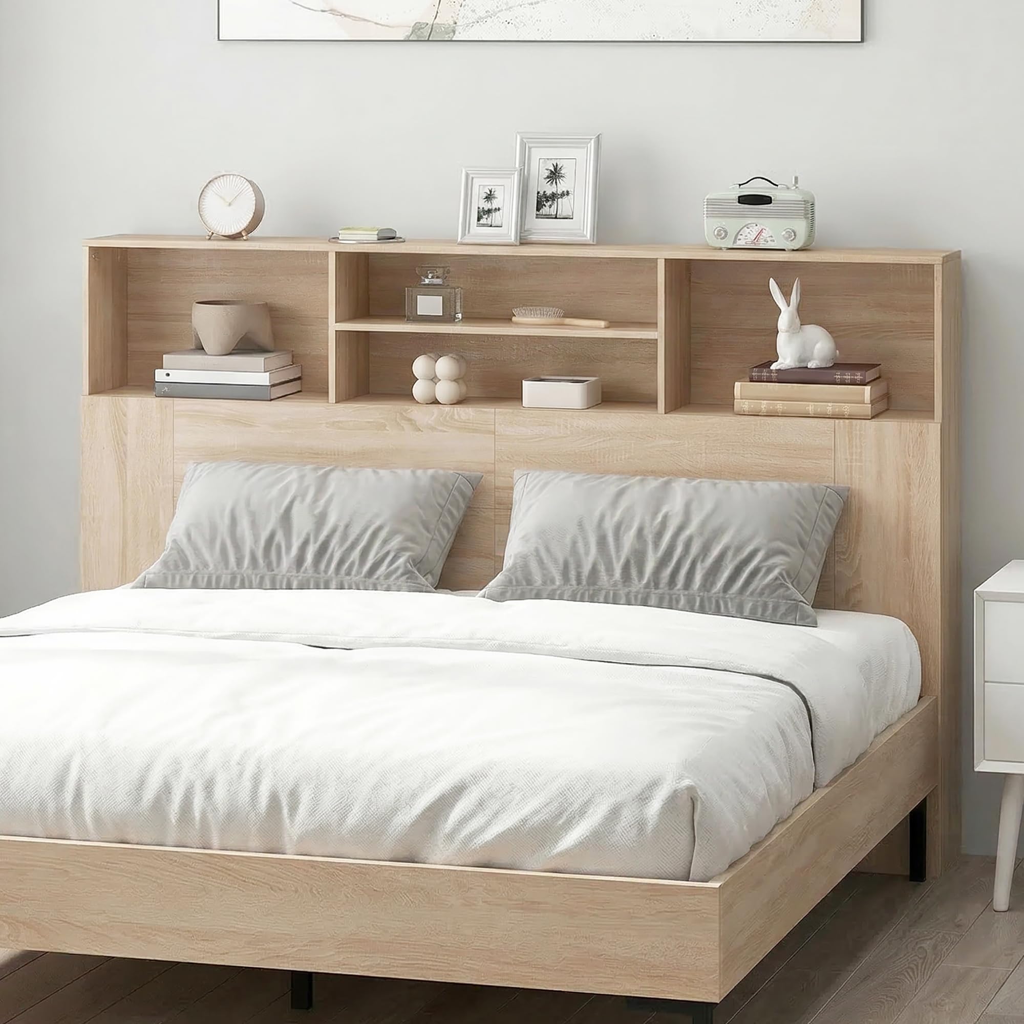 HOMCOM Tête de lit sur Pied 160 cm avec rangements, Accessoire de lit Moderne avec 4 Compartiments Ouverts pour Chambre, 160 x 20,2 x 108,2 cm, Bois Naturel