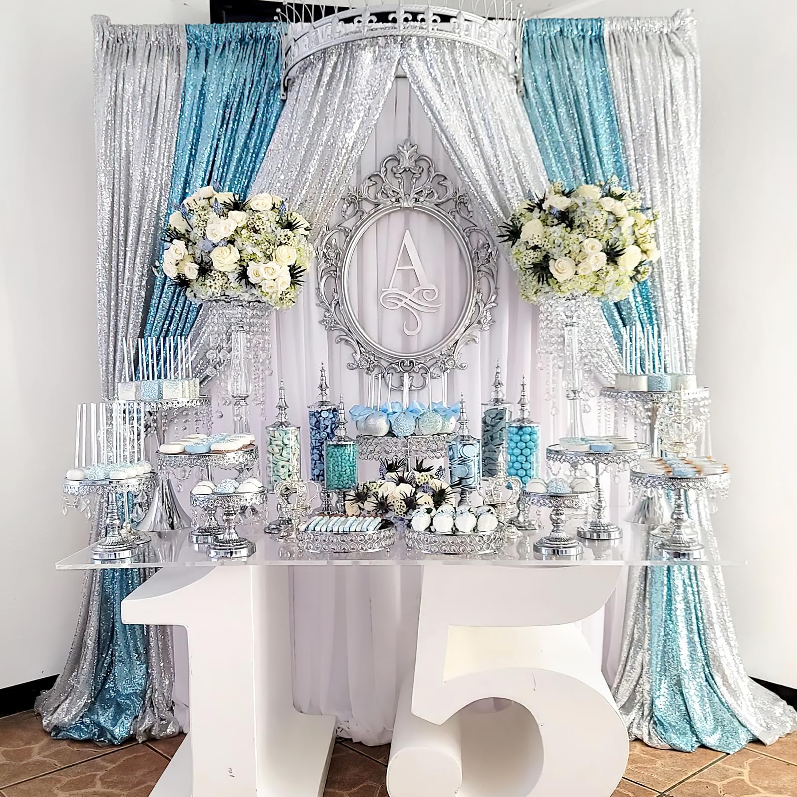 QueenDream Silver Sequin Backdrop Curtains Drapes 6 Pieces 2ftx8ft Sparkly Christmas Background for Brithday Wedding Fabric Decoration