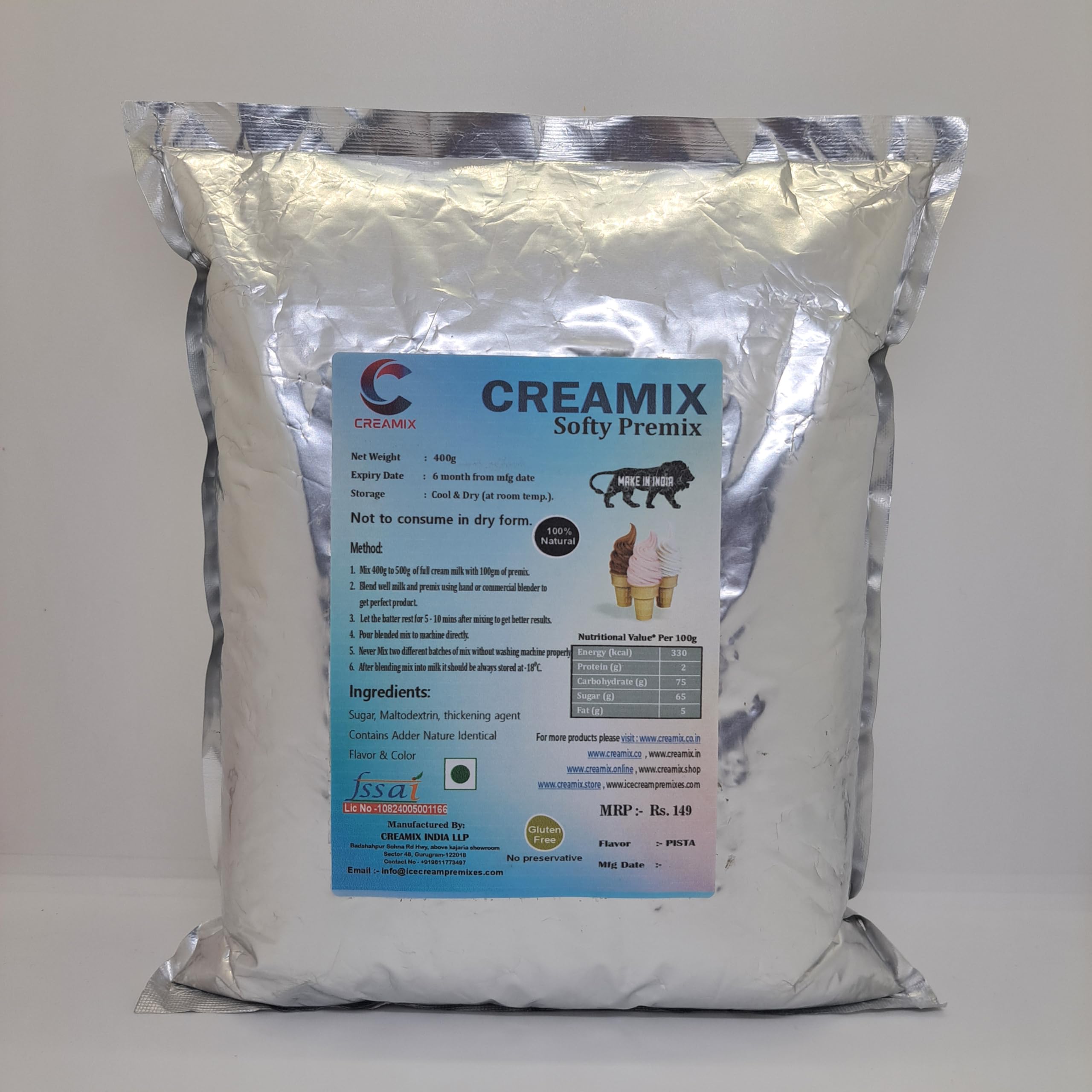 Creamix Softy Premix Pista - 400g | Ice Cream Mix Powder | Softy Premix Powder | Eggless & Gluten Free