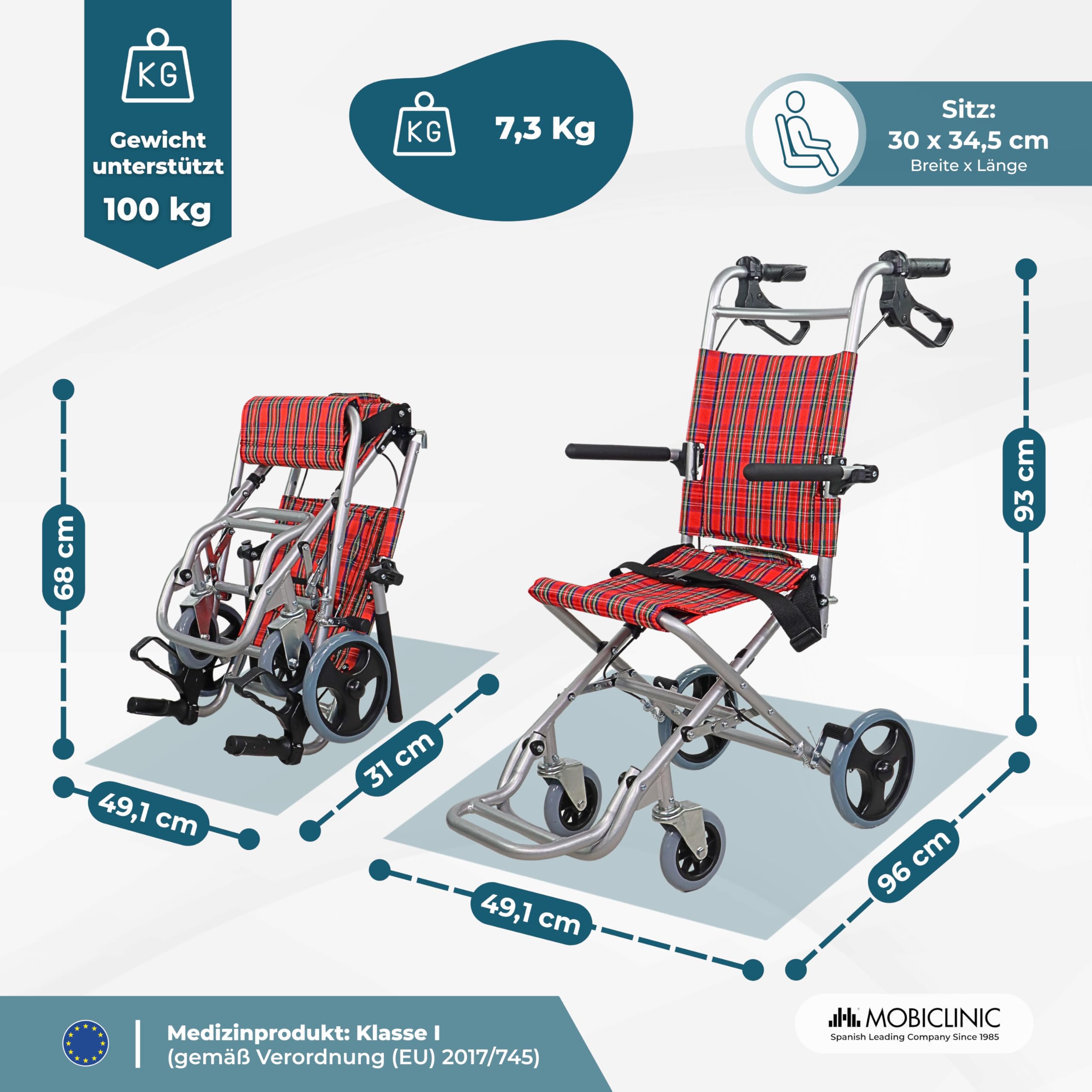 Mobiclinic®, Transitrollstuhl, Modell Neptuno, Aluminium, Klappbar, Bremse an den Griffen, Europäische Marke, Klappbare Fußstützen, Klappbare Armlehnen, Leichtgewicht, mit Sicherheitsgurt