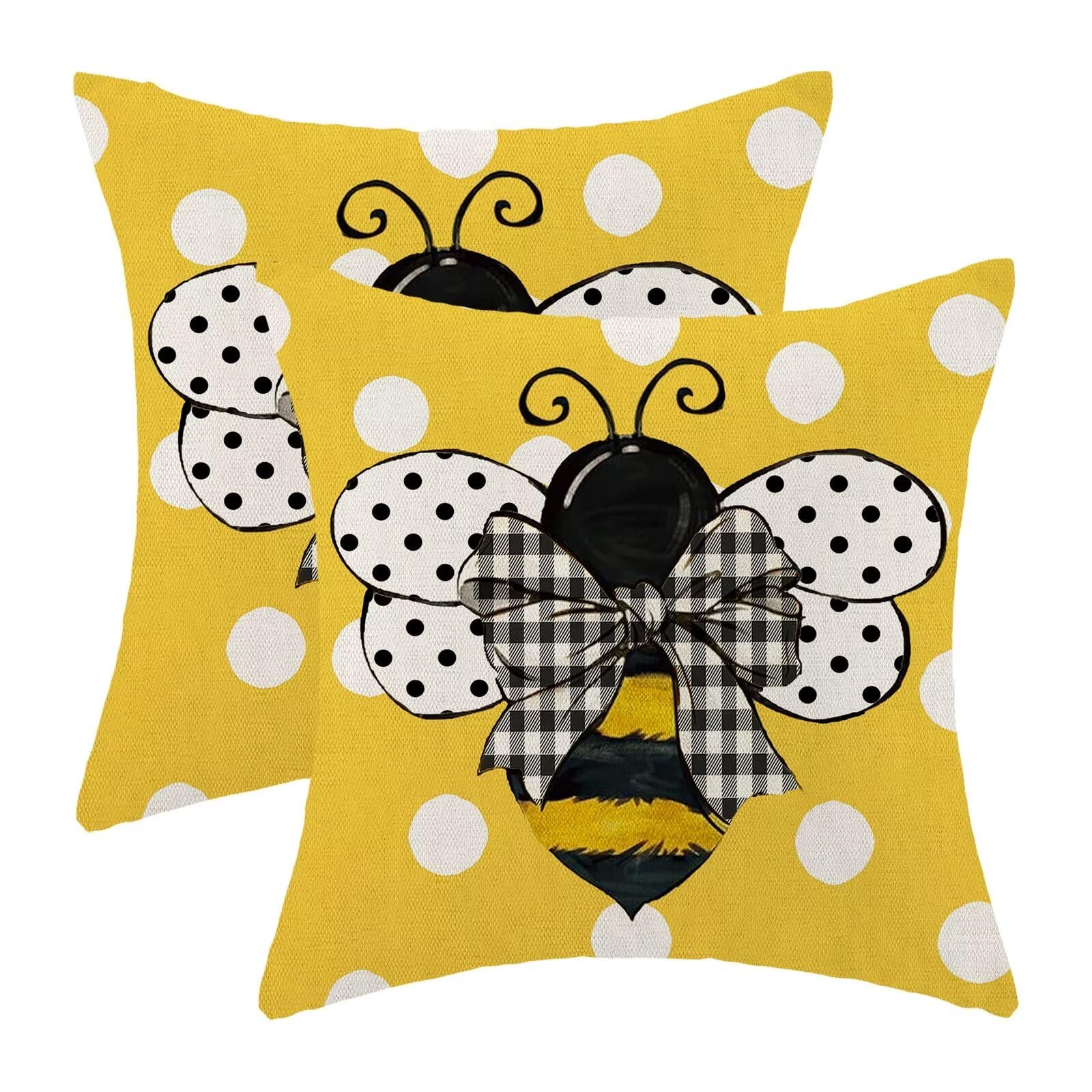 Jecuwo Yellow Bee Pillow Covers 18x18 Set of 2 Polka Dots Outdoor Decorative Throw Pillow Covers Summer Farmhouse Seasonal Linen Cushion Case for Home