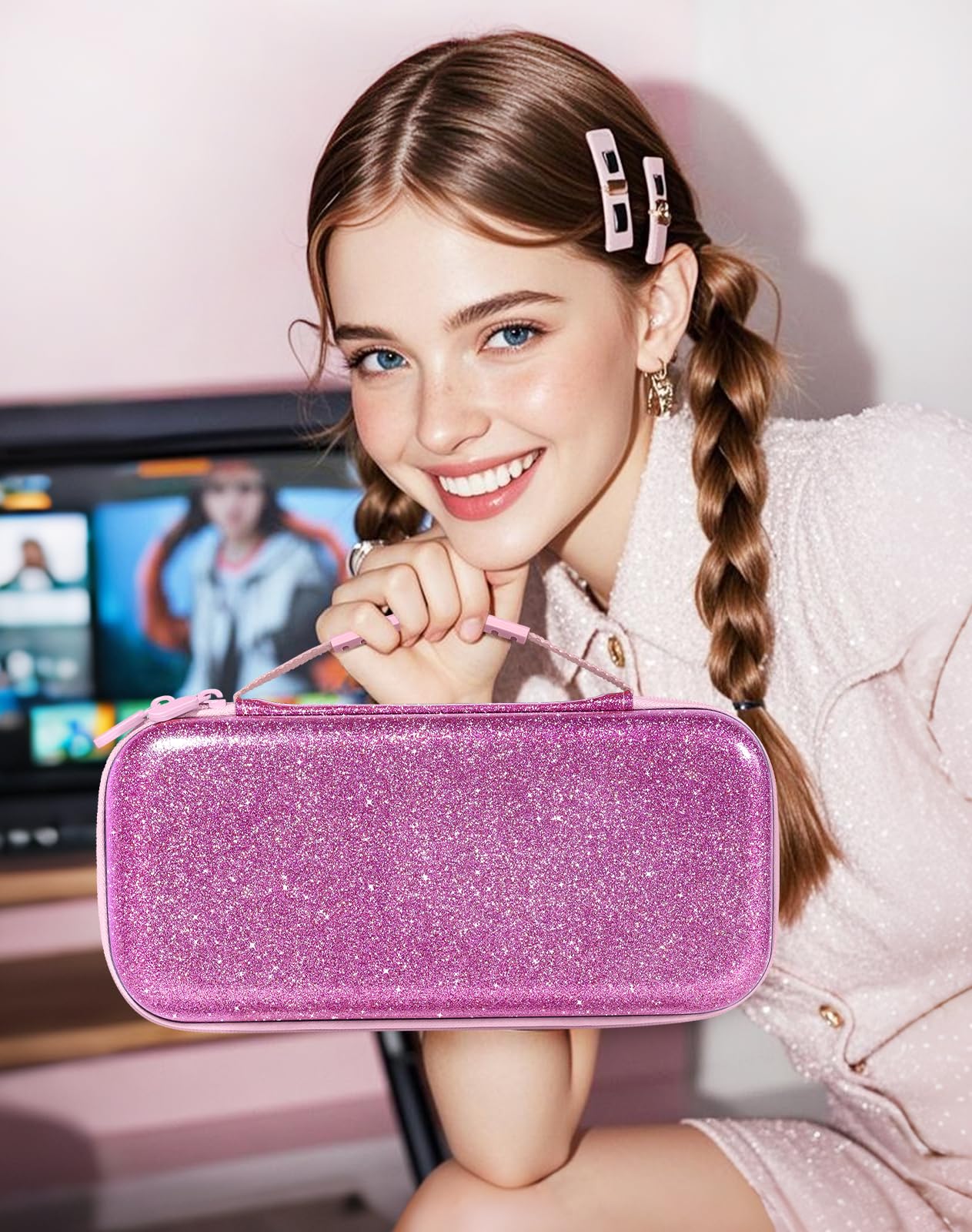 Etui do przenoszenia Nintendo Switch 2 – błyszczący fioletowy uroczy wzór kawaii z uchwytem i paskiem do Switch 2 2025 etui podróżne przenośne przechowywanie ochronna twarda obudowa dla