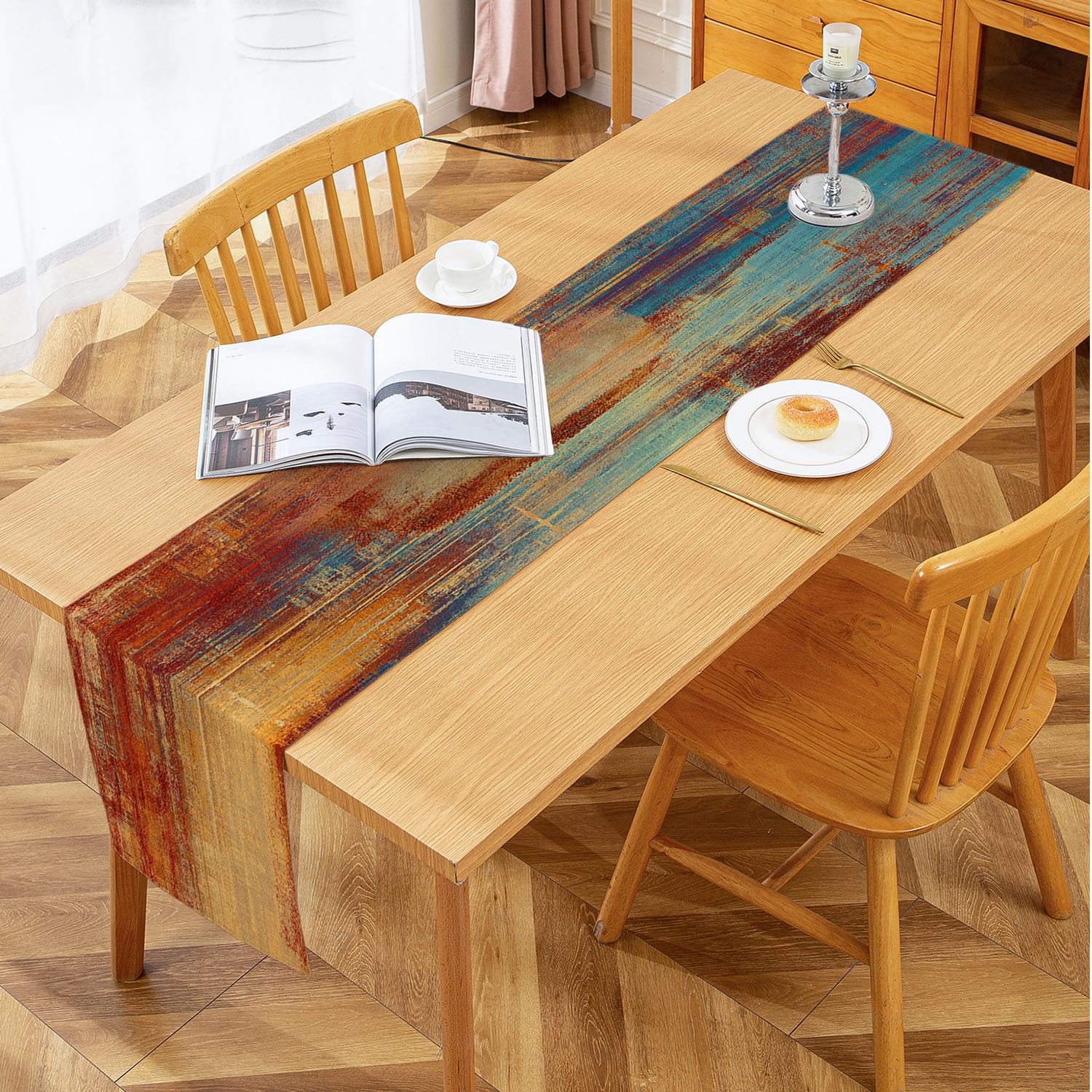 Chemin de table rustique en toile de jute et lin – 33 x 183 cm de long – Motif abstrait orange – Pour table basse, mariage, événements, dîner, décoration d'intérieur