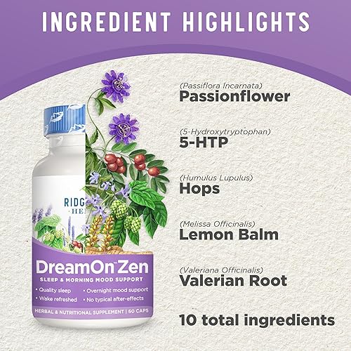 Miniatura 4 de Ridgecrest Herbals DreamOn Zen, suplemento de apoyo para dormir, sin melatonina, magnesio, 5-HTP, lavanda, manzanilla, valeriana, bálsamo de limón