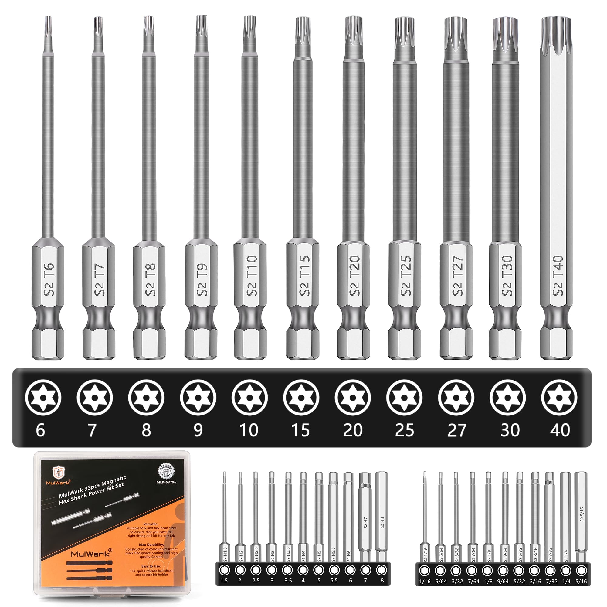 MulWark Hex Head Allen Wrench Drill Bit Set 33PCS (Metric, SAE, Tamperproof Torx) – 2.3" Long, 1/4" Quick-Release Shank Magnetic Bit Set for Furniture Assembly – Christmas Gift