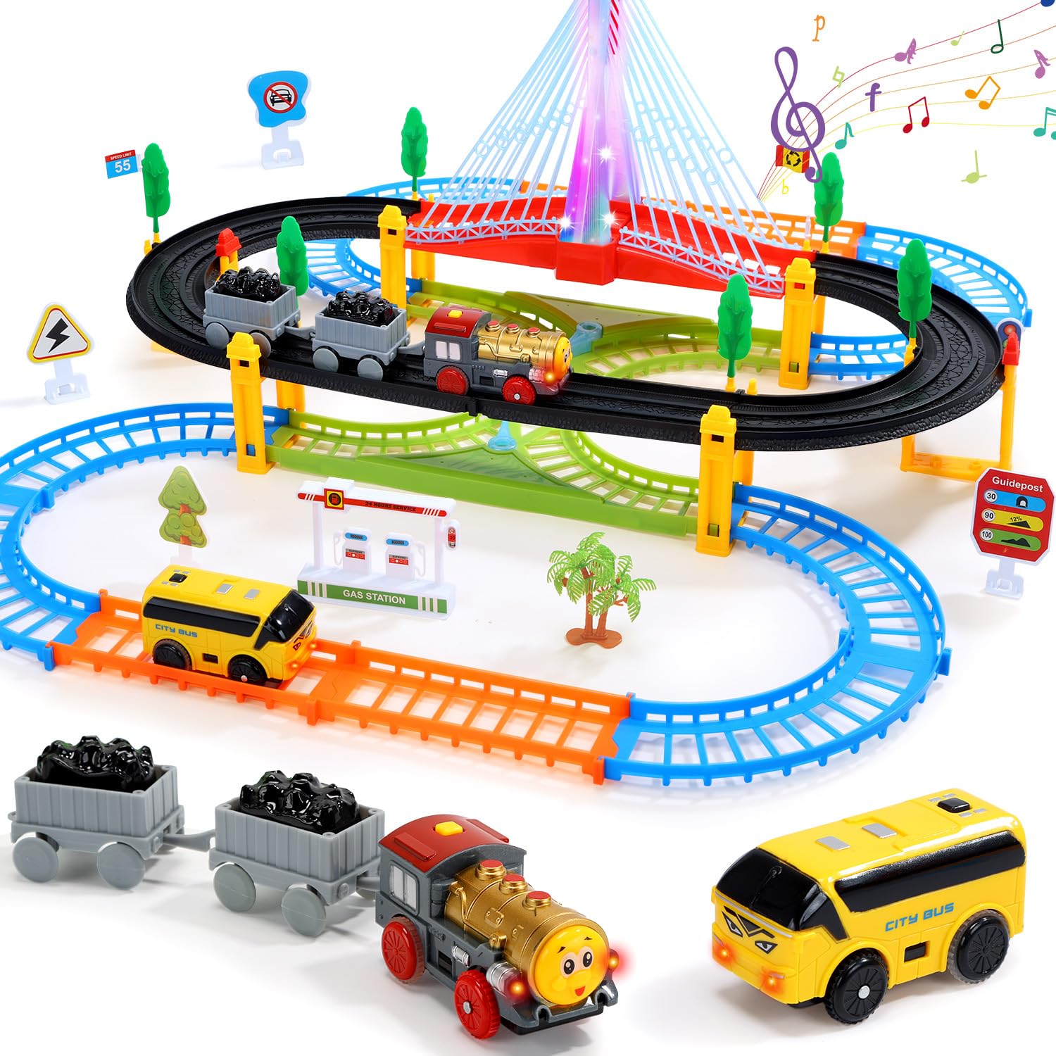 EagleStone Electric Train Set for Kids Ages 3-8, 2-in-1 Train and Bus Track Toy with Double Layer Tracks, Lights Up Bridge, Signs & Accessories, Railway Train Track Playset Gift for Boys and Girls