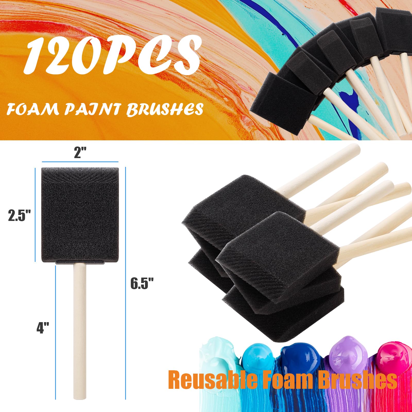 120 Stück Schaumstoff-Pinsel, 5,1 cm Schaumstoffpinsel zum Malen, Bulk-Schwammpinsel mit Holzgriffen, Schaumstoff-Kunst-Pinsel-Set für Beizen, Lackieren, Veredelung, Ausbessern und Bastelprojekte