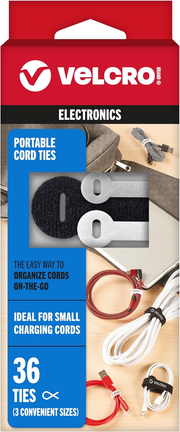VELCRO Brand Portable Cord Organizer Ties | Organize Headphone Wires, Charging Cables, Power Cords in Backpacks Briefcases and Travel Bags | 3 Sizes and Colors, 36 pc Bulk Pack, 36pk Cord Ties