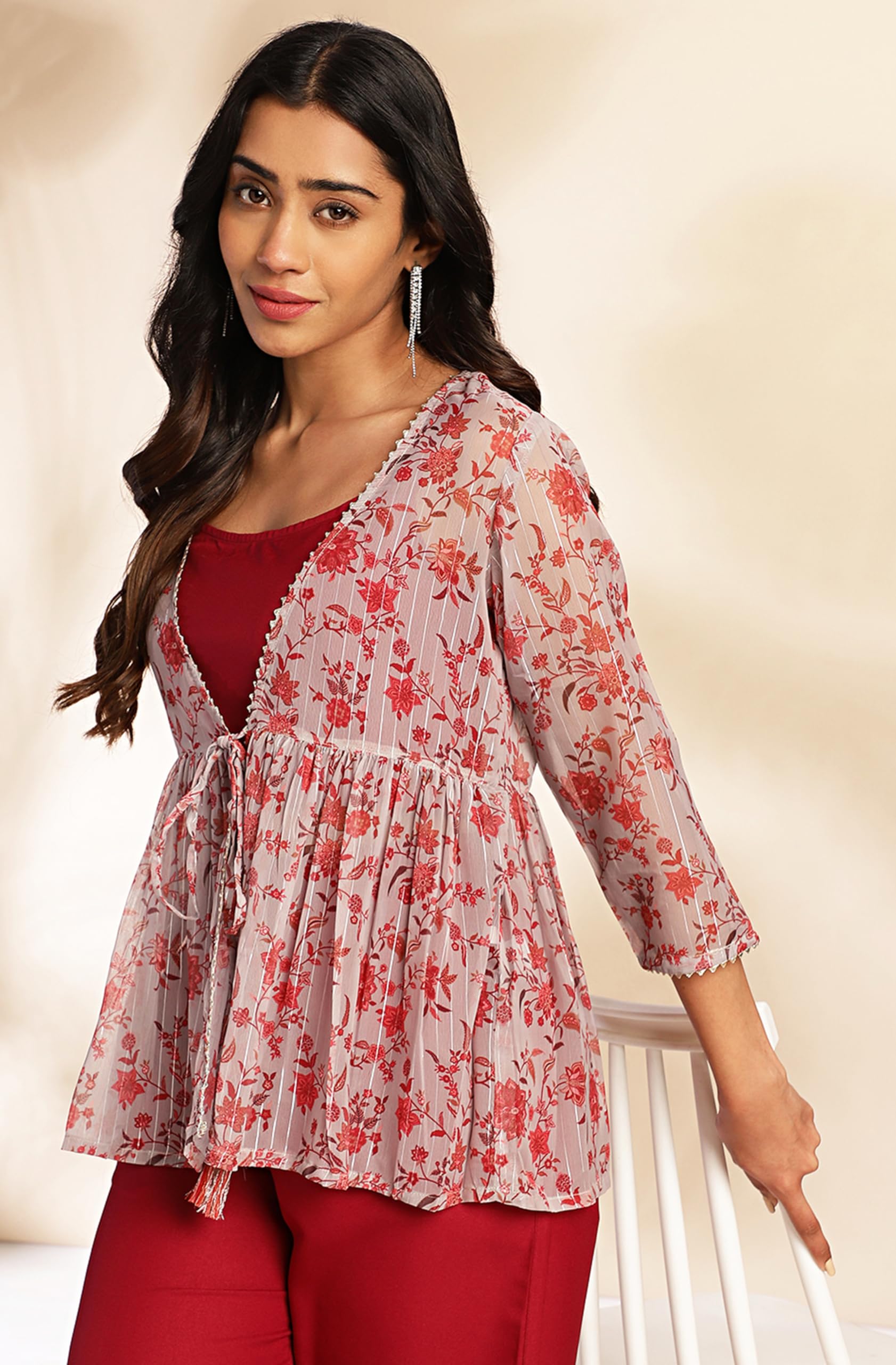 Janasya Women's Regular Fit Co-Ord Set with Floral Jacket