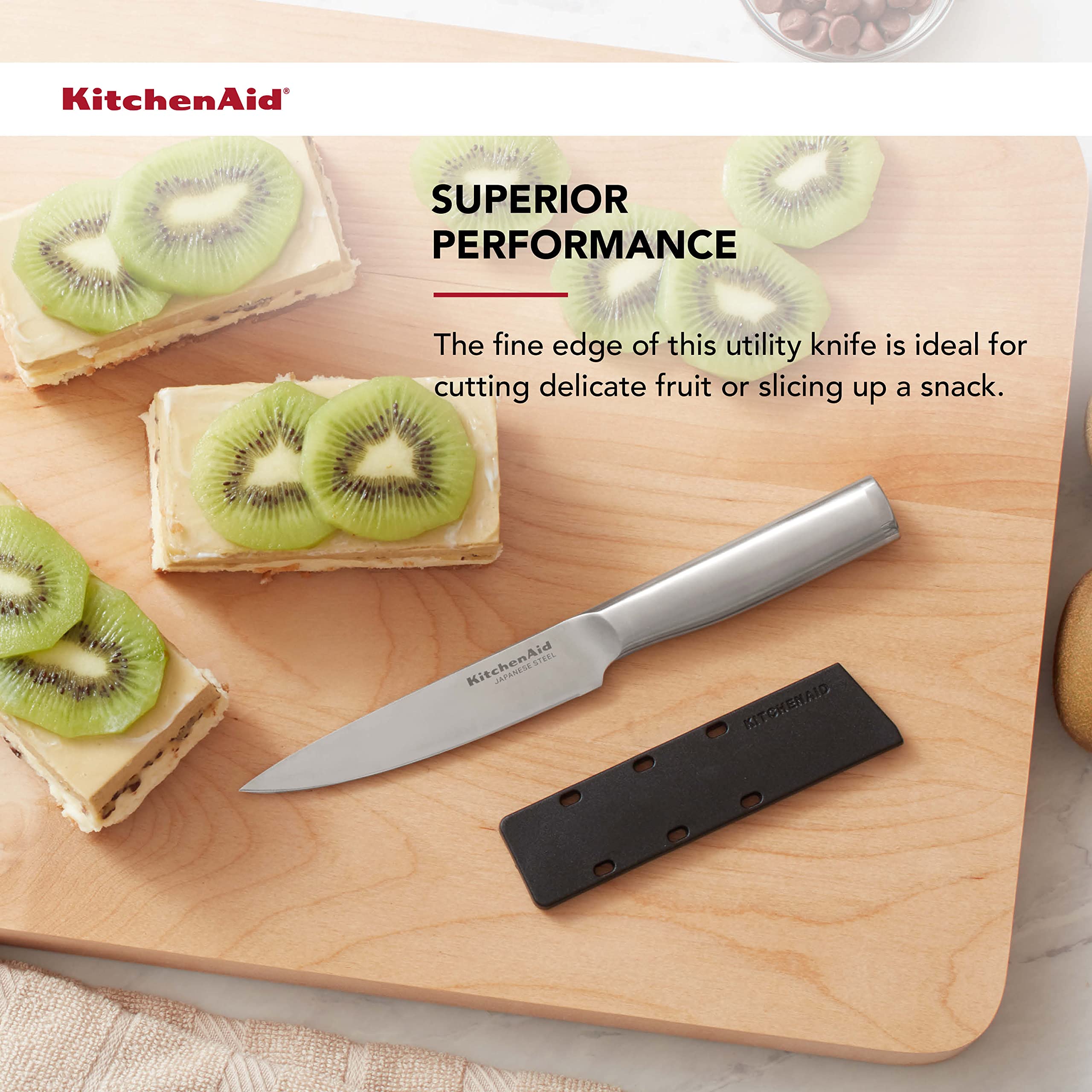 KitchenAid Gourmet - Cuchillo utilitario de acero inoxidable forjado de borde fino con cubierta de hoja de ajuste personalizado, cuchillo de cocina afilado, hoja de acero inoxidable japonés de alto