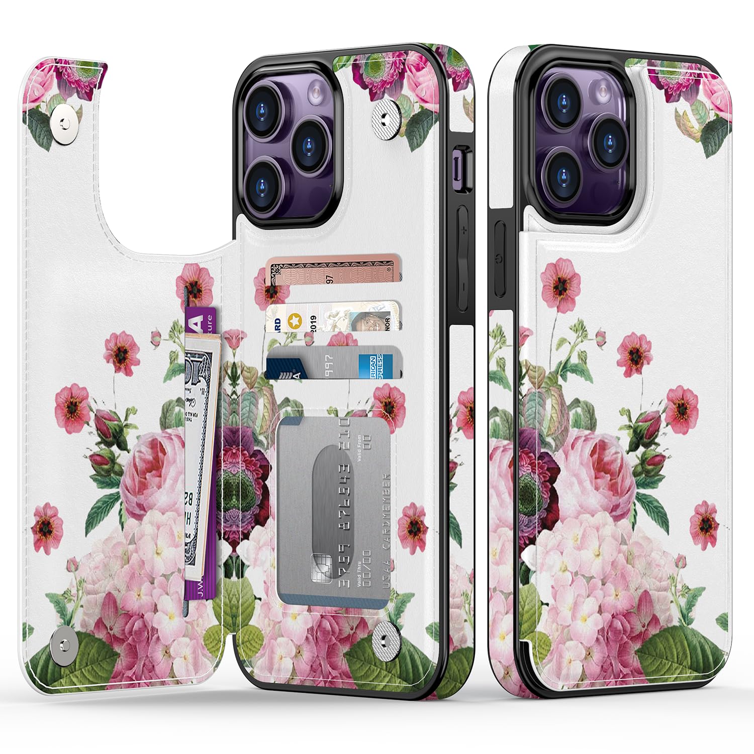 Goodon for iPhone 14 Pro Max Case Wallet - Flip Folio Leather Cover with Trendy Floral Design, 4 Card Slots & Kickstand Function, Protective Phone