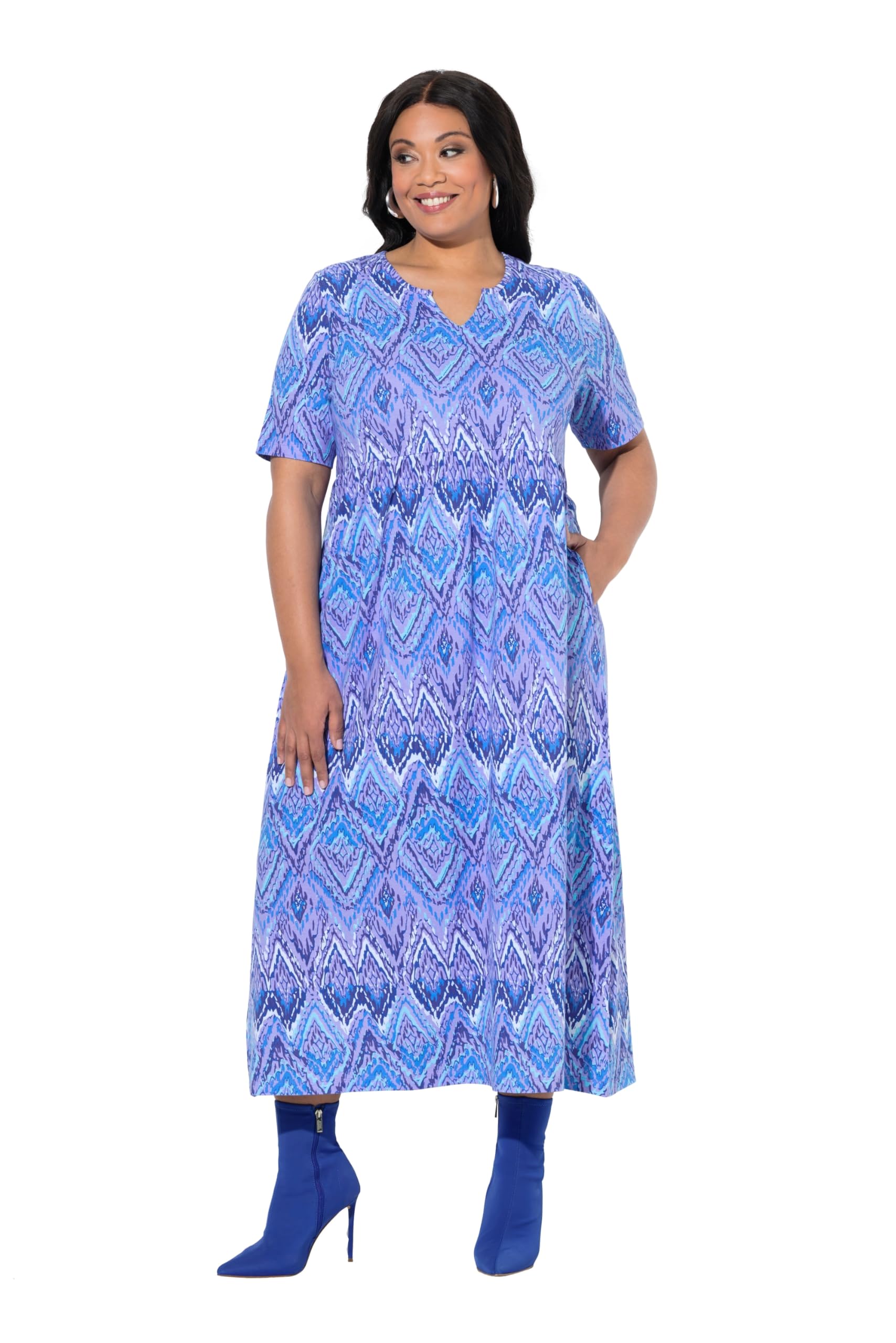 Ulla Popken Damen große Größen Übergrößen Plus Size Maxikleid, Gemustert, A-Linie, Tunika-Ausschnitt, Halbarm 849489