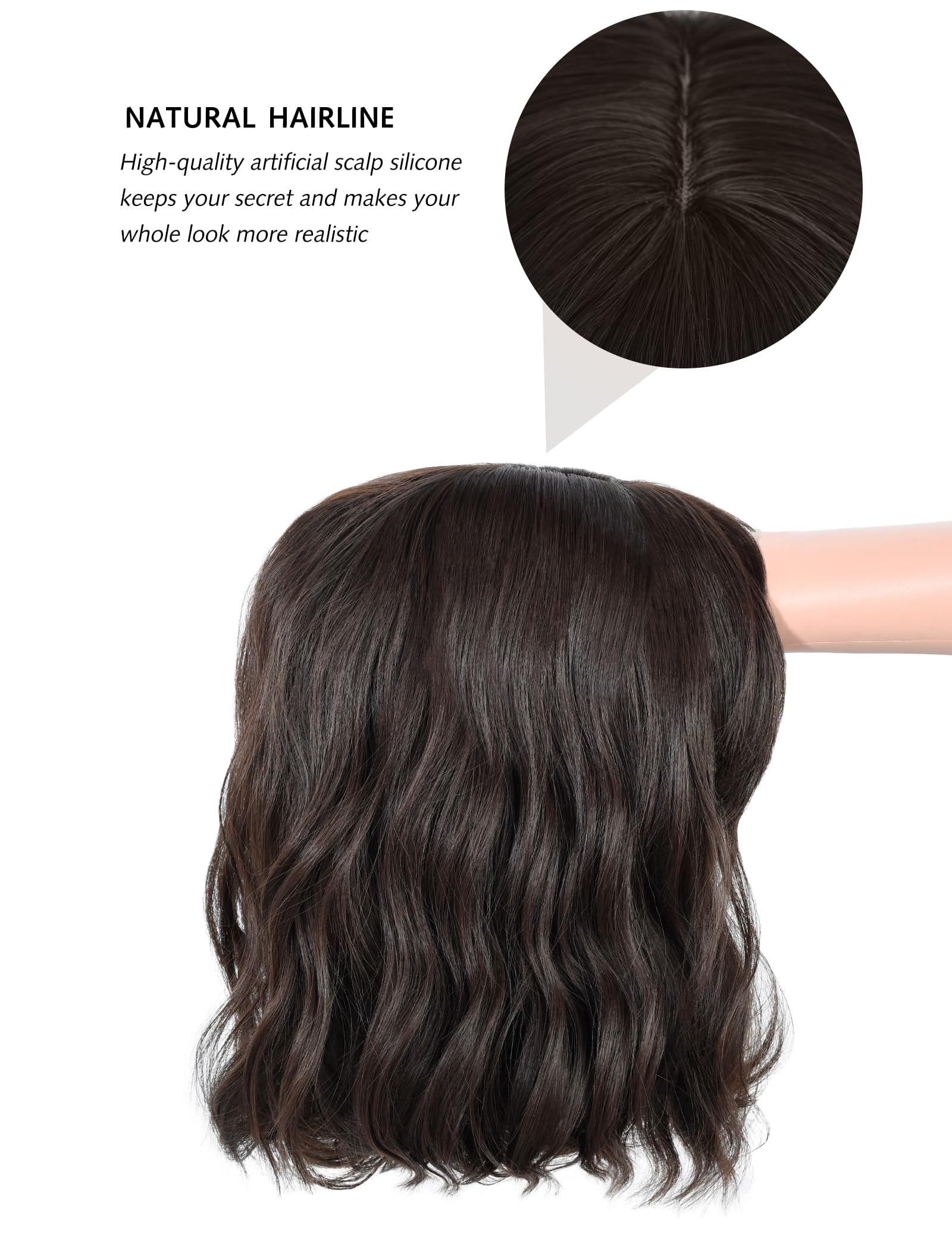 BUYOGET Wavy Bob Wig with Bangs Synthetic Hair Shoulder Length 12 Inch Short Curly Wigs for Women Natural Dark Brown - Image 4