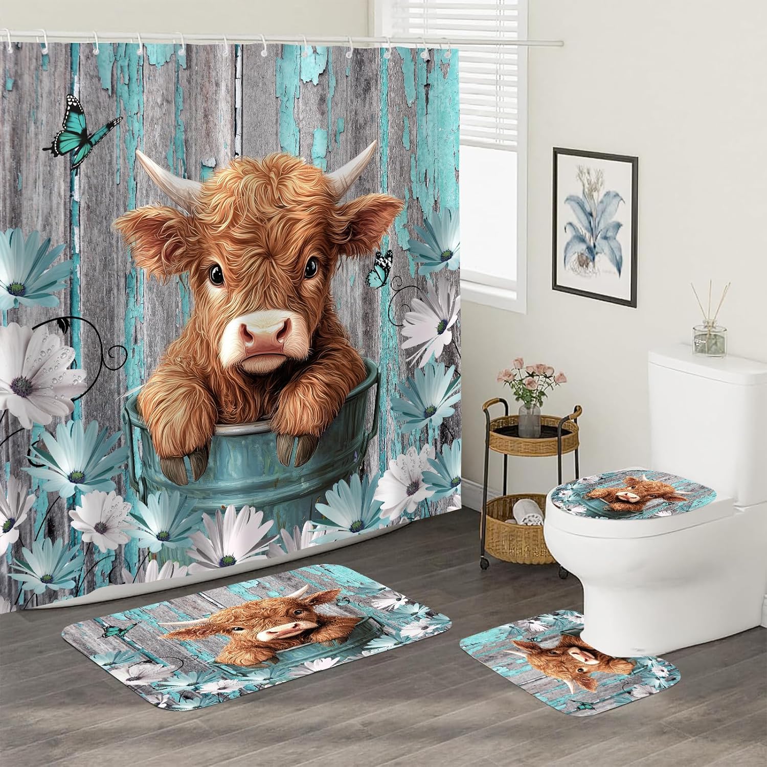 Farmhouse Highland Cow Bathroom Sets with Rugs and Accessories, Rustic Farm Cattle Daisy Flower Animal Shower Curtain Decor with Non-Slip Bath Mat Toilet Cover U Shaped Mat Set 4 Pcs