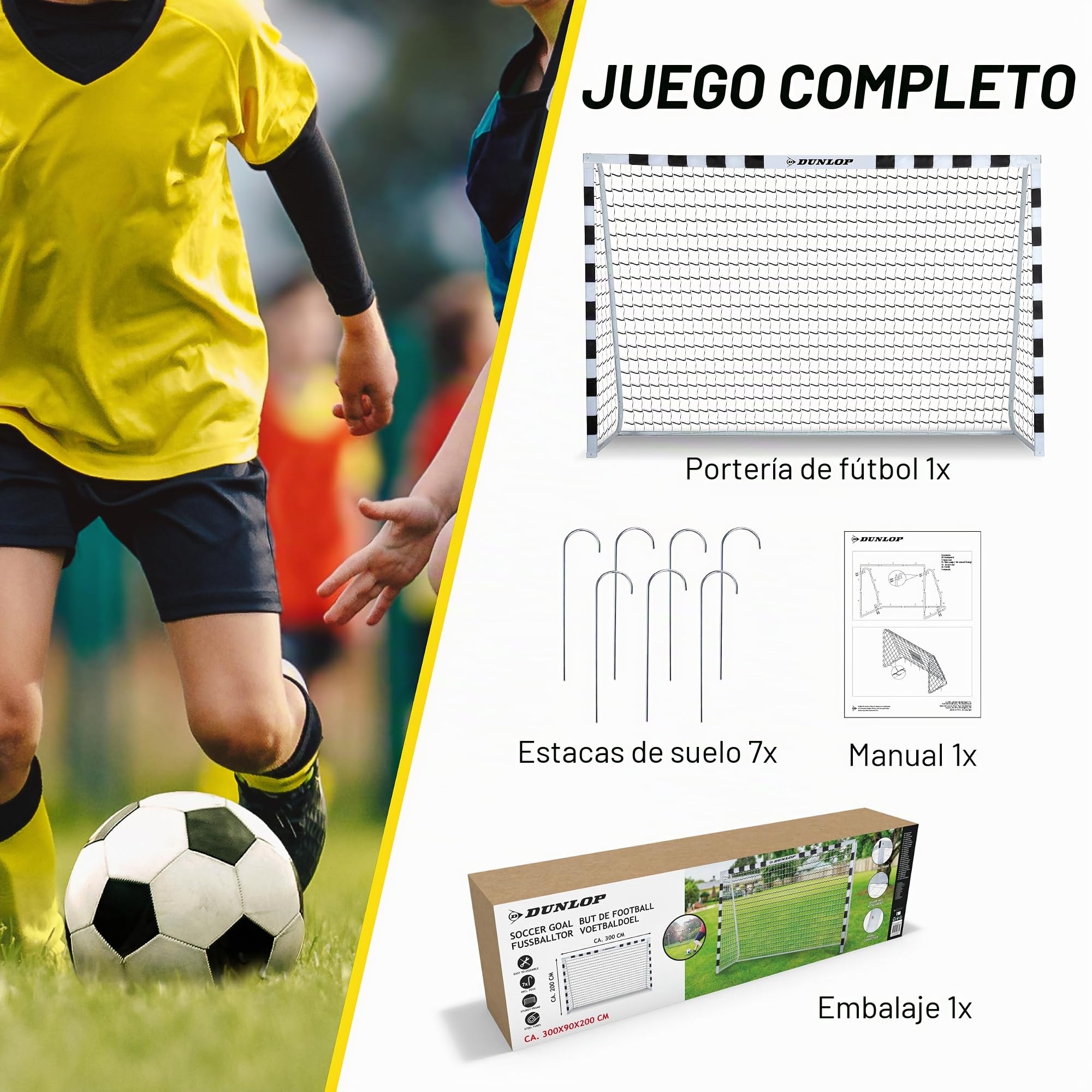 Dunlop Portería de Fútbol - 300x200x90 cm - Metal - Material de Entrenamiento de Fútbol para Todas Las Edades - Fácil Montaje - Negro/Rojo