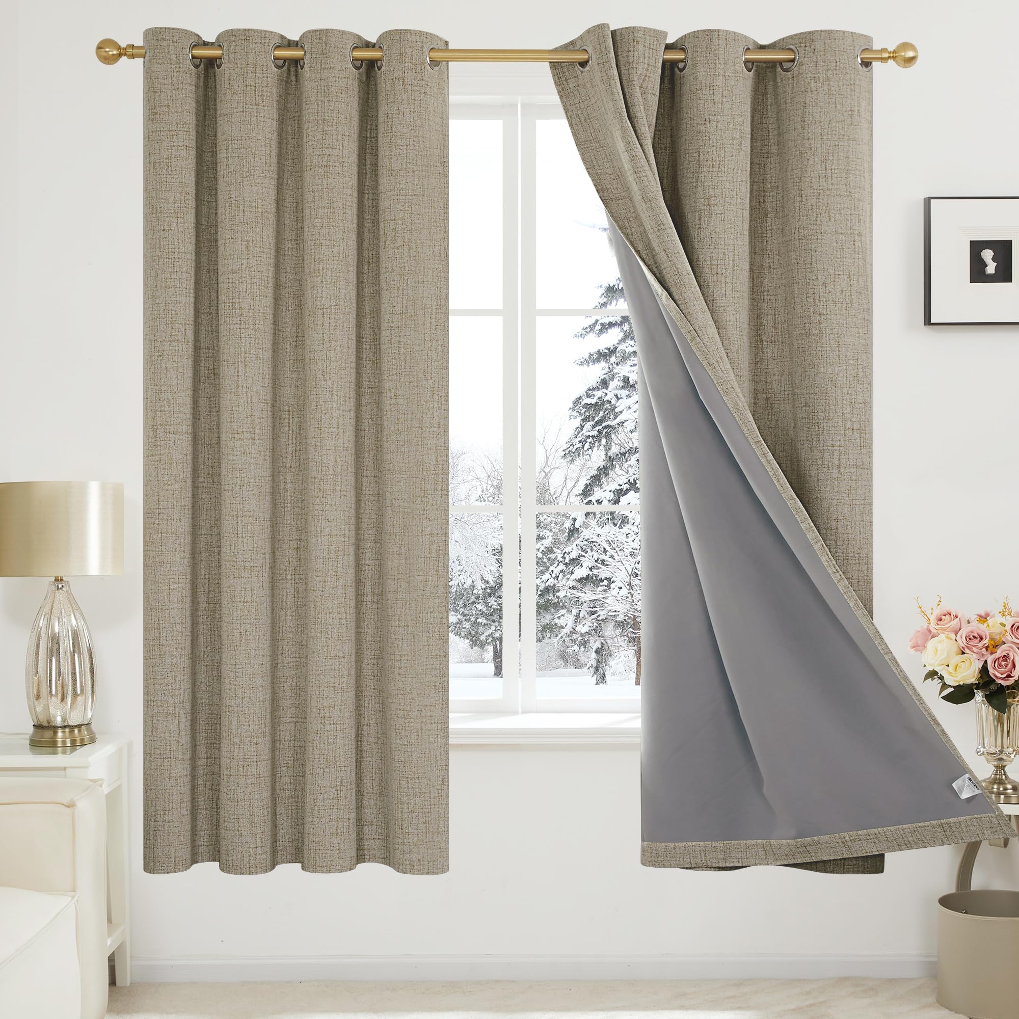 Deconovo Full Blackout Curtains Thermal Insulated Faux Linen Eyelet Curtains for Living room Bedroom with Coating Oatmeal Sand W46 x L72 One Pair
