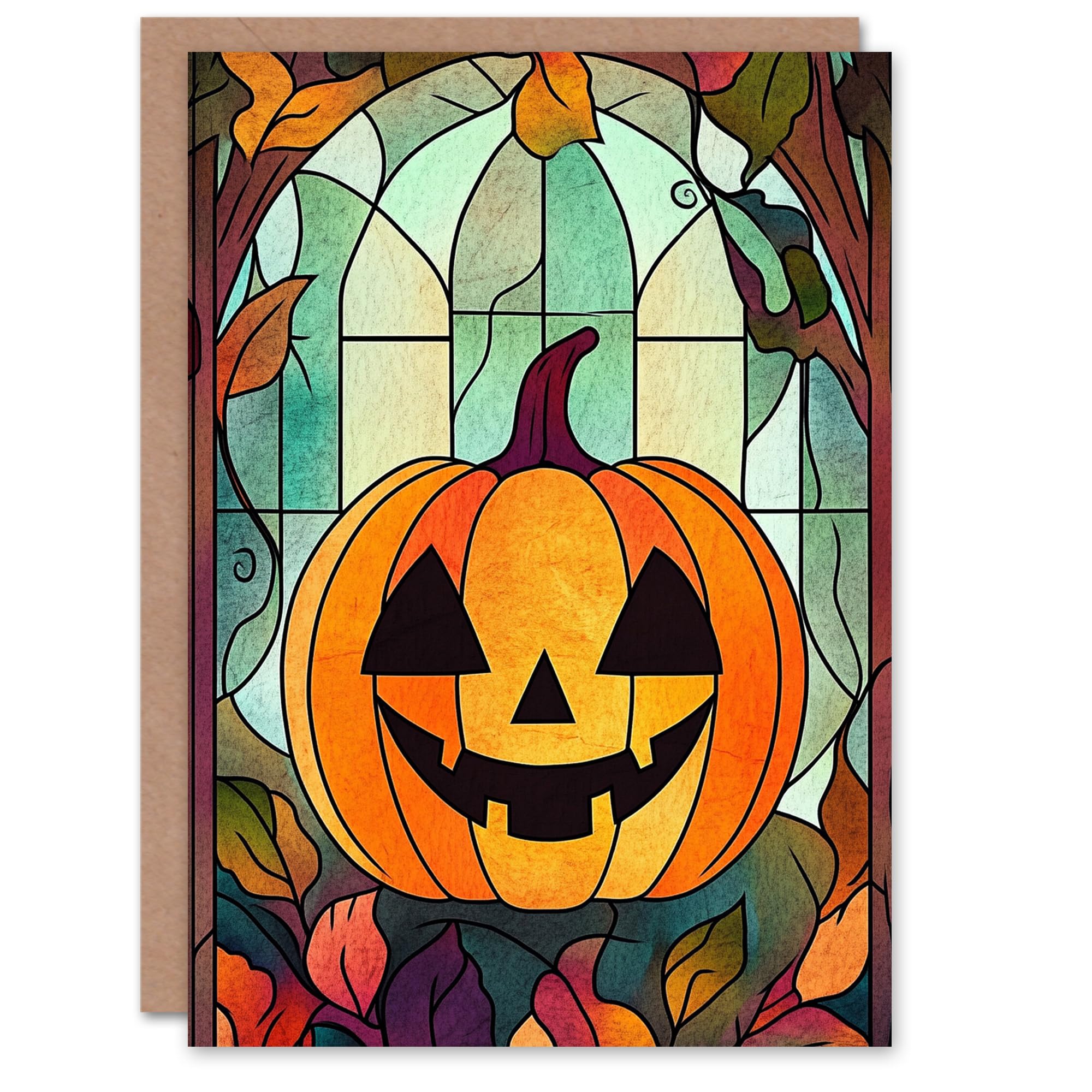 Autumn Pumpkin Stained Glass Fun Trick or Treat Scary Haunted Halloween Card