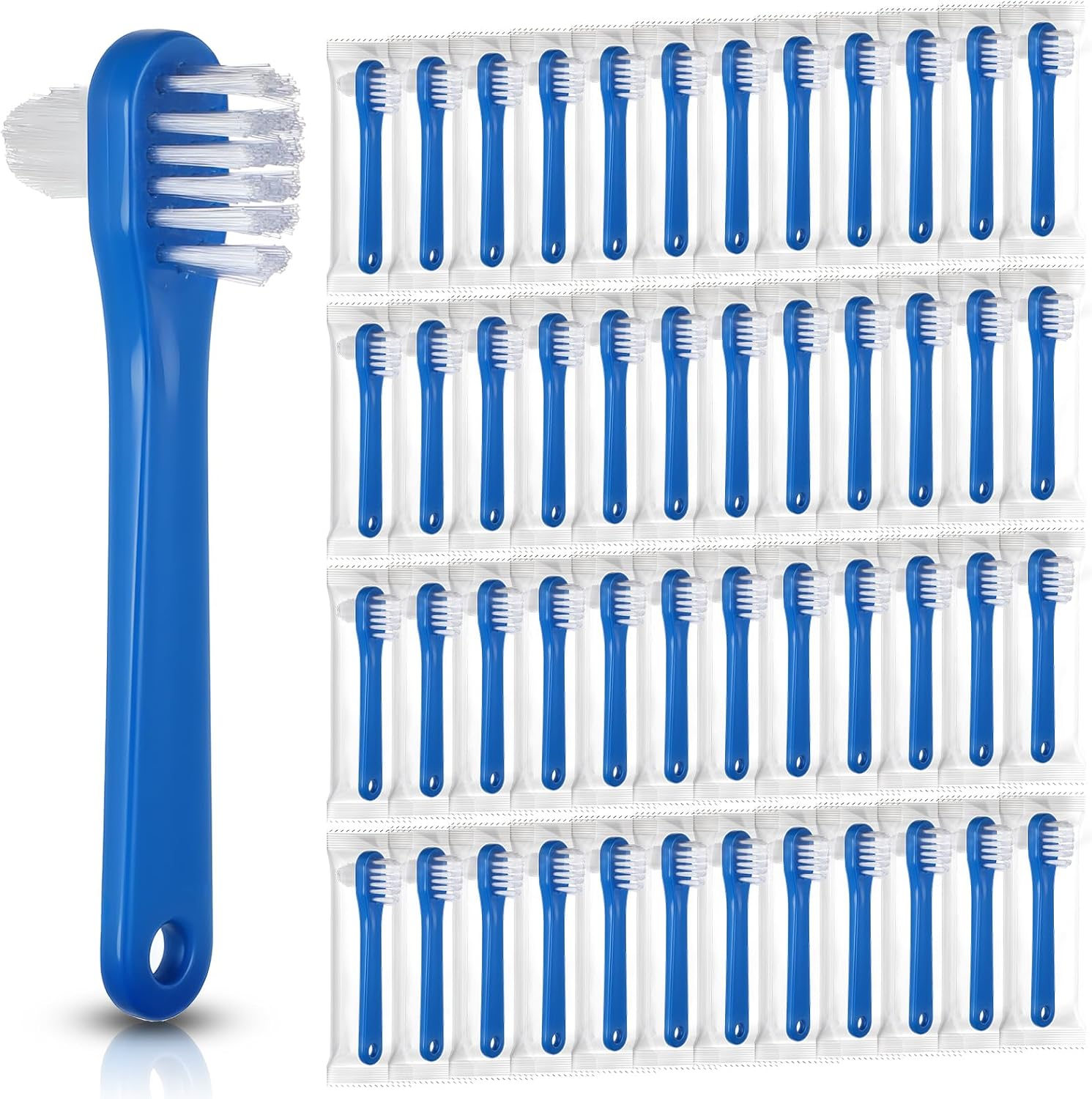 50 Pcs Denture Brush Bulk, Dual Head Firm Hard Bristle Denture Toothbrush Portable Individually Blue Dentures Cleaner Brush for False Teeth, Mouth Guards, Clear Braces