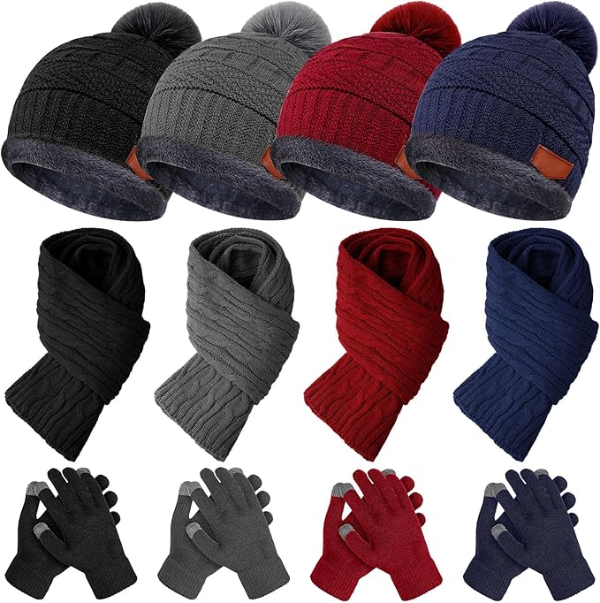 JaGely 12 Pieces Kids Winter Hat Glove Scarf Set – Thick Fleece Knitted Beanie, Touchscreen Gloves & Neck Gaiter for Boys and Girls