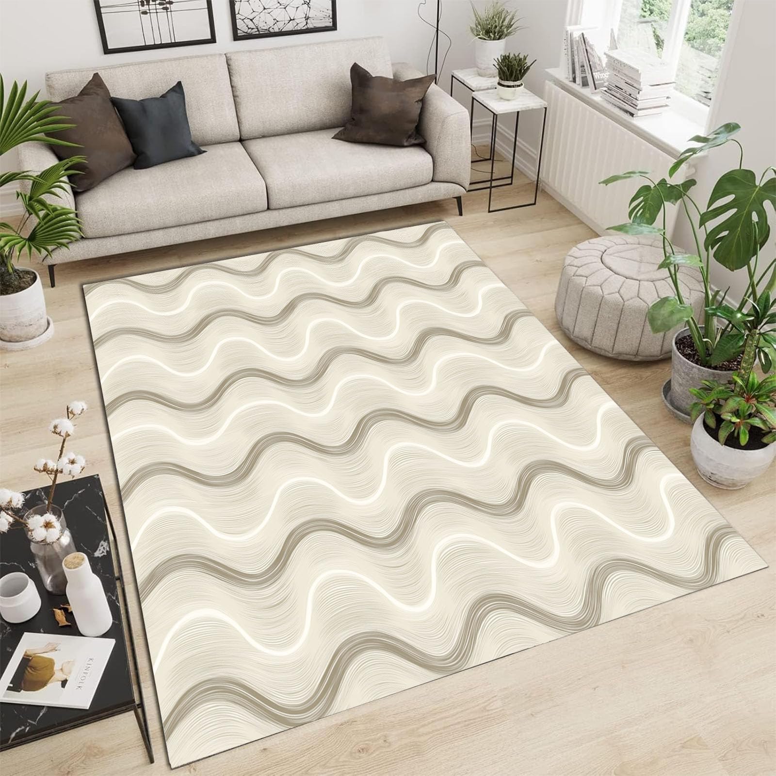 Tapis salon beige 200x300cm lavable à motif ondulé et lignes pour chambre