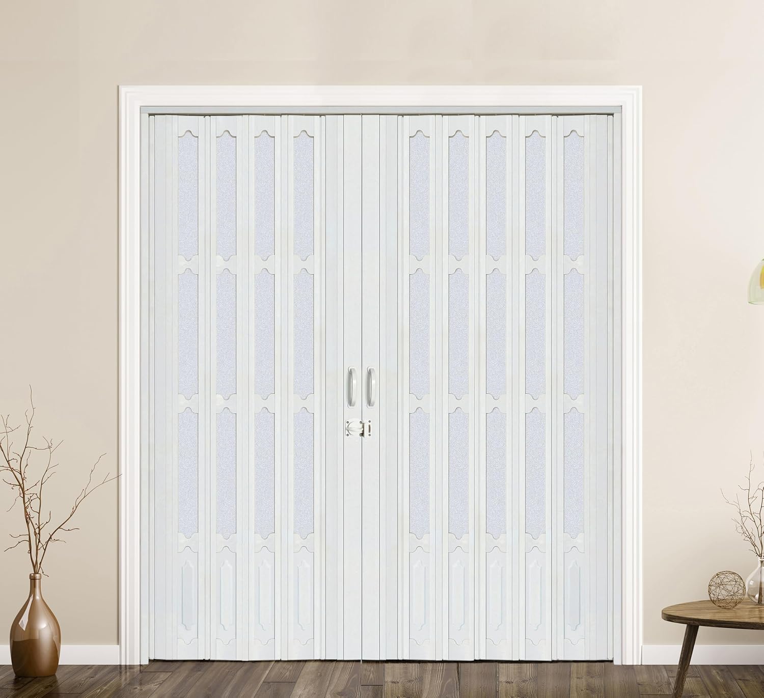DIYHD 72X96in Interior Double White Accordion Door,Bi Folding Closet Door,Includes Mounting Hardware,Handle,Latch,Door Close Middle