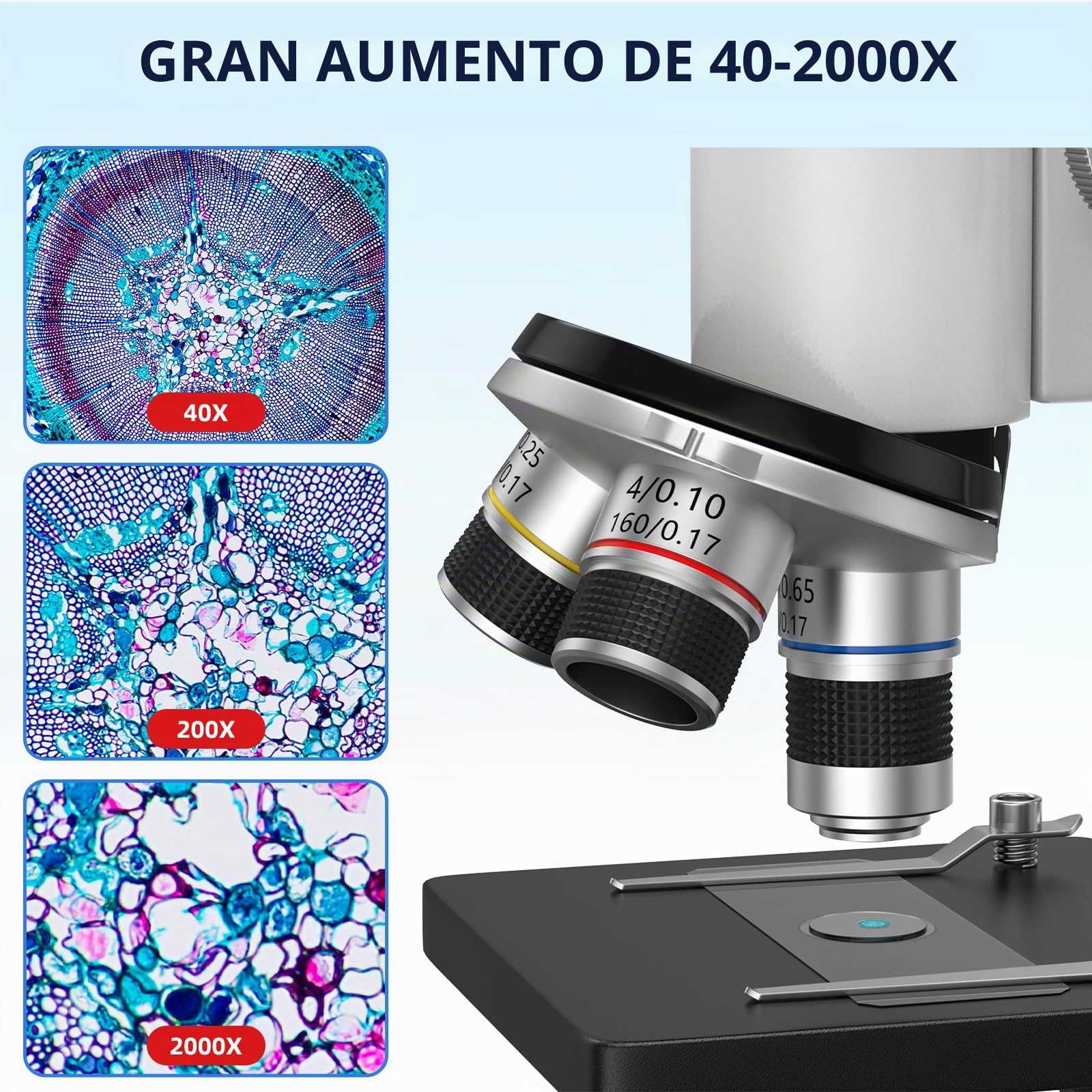 Microscopio 40-2000X para ciencia y exploración educativa con kit de diapositivas y estuche de almacenamiento