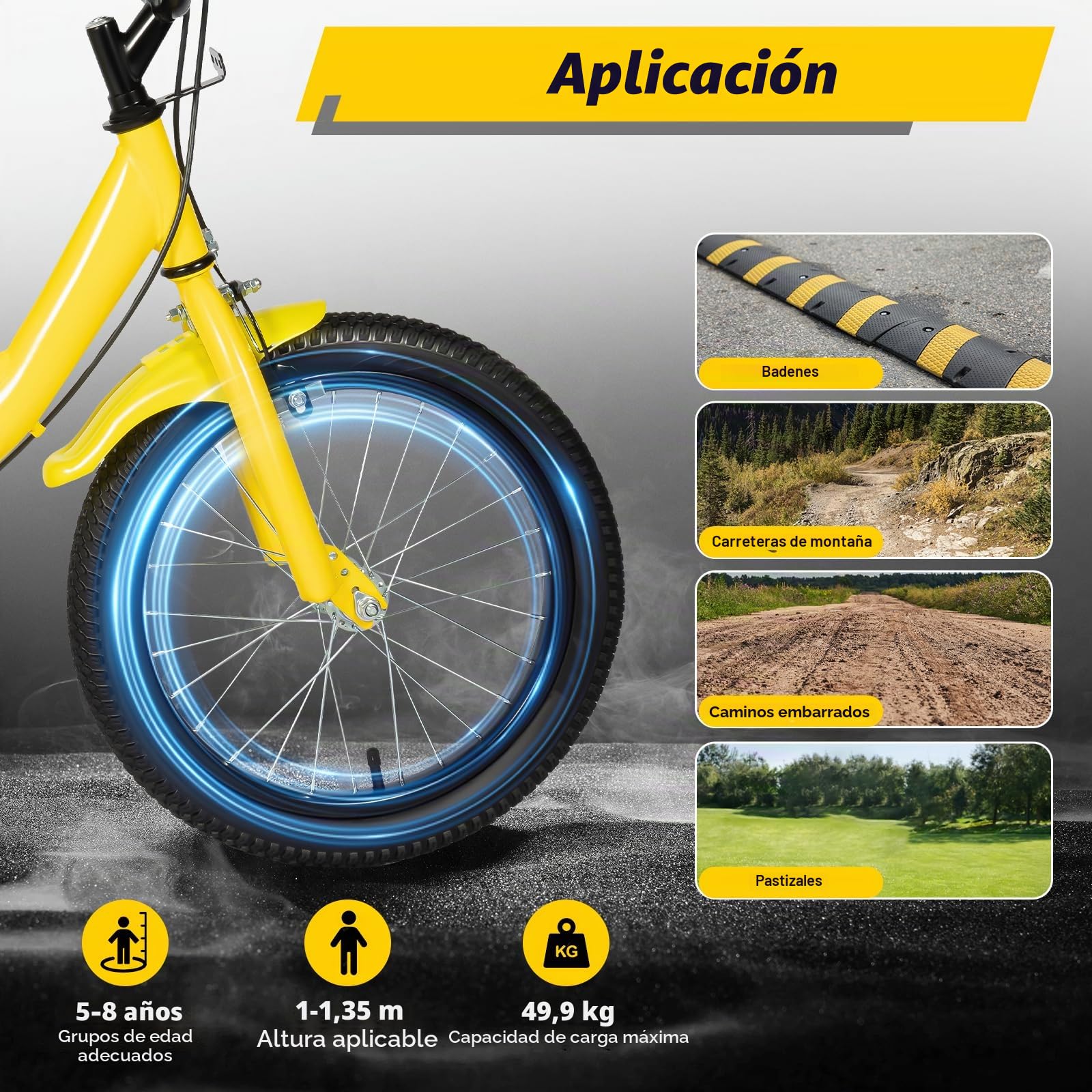Bicicleta infantil de 16 pulgadas, universal, para niños y niñas, ajustable con guardabarros y cubierta de cadena, neumáticos amortiguadores, amarillo, acero al carbono, a partir de 5-8 años