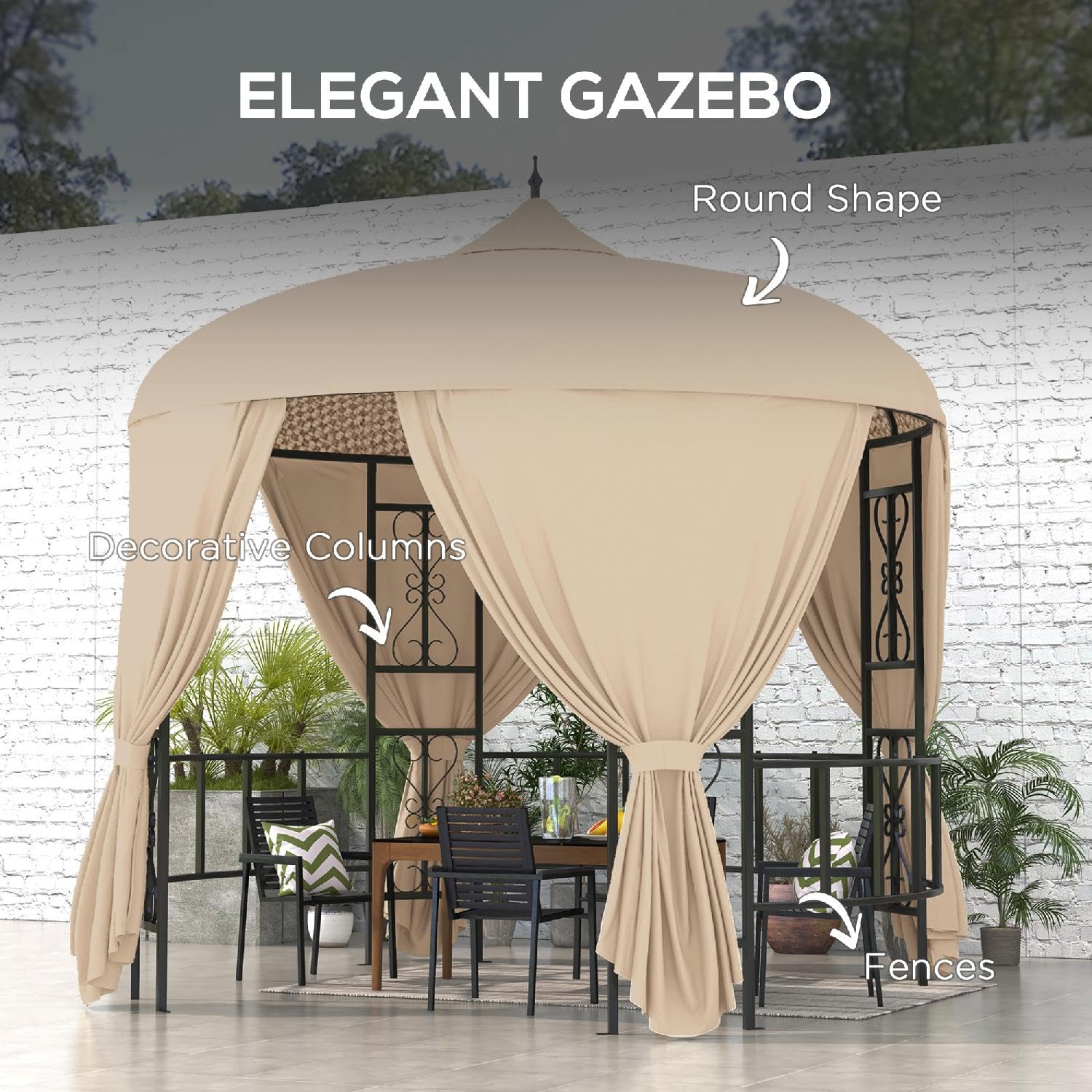 Gazebo 3 mt Gazebo Giardino Rotondo in Metallo/Tessuto con Tende colore Beige