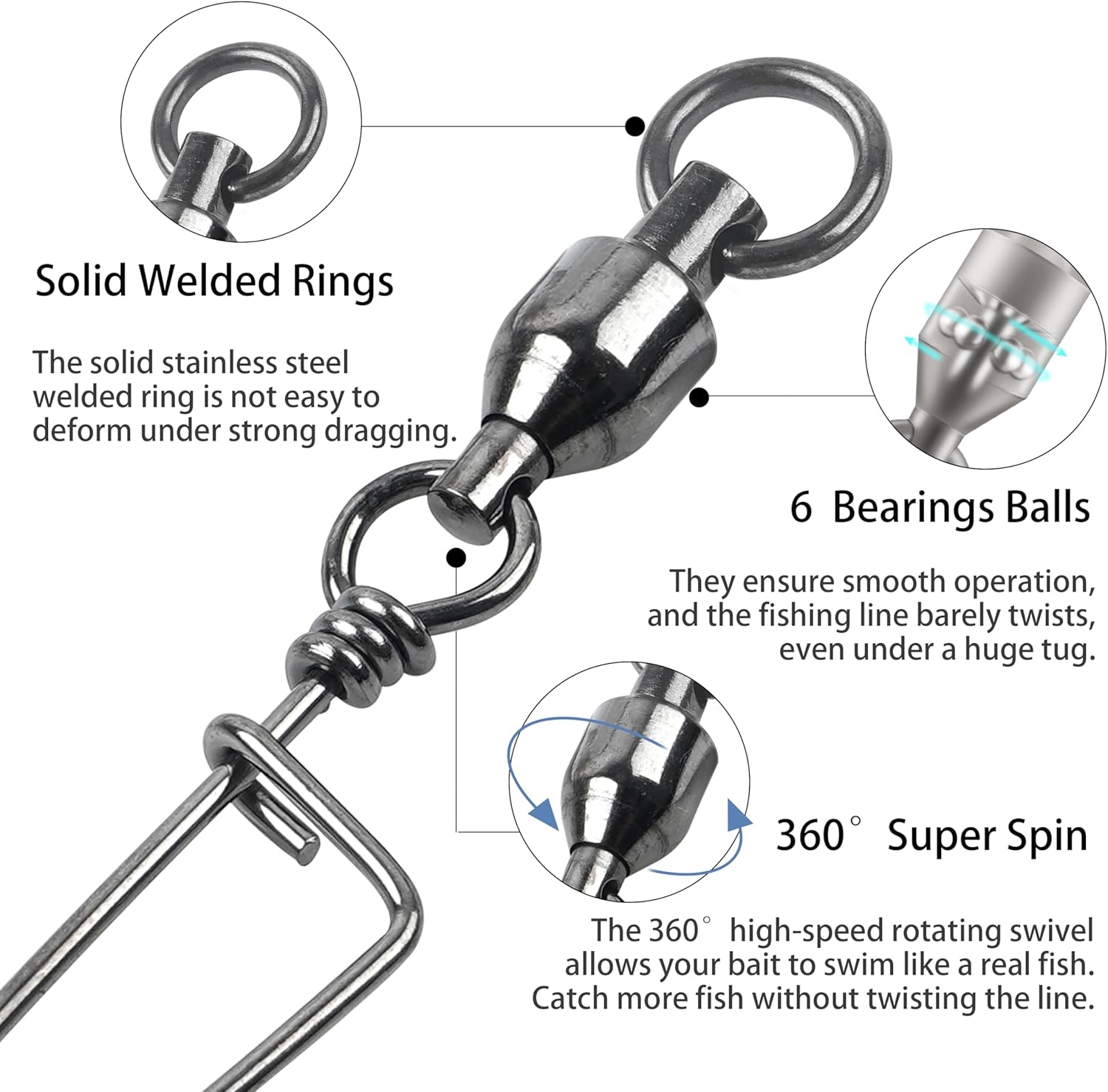 Shaddock Fishing Ball Bearing Snap Swivels, Fishing Tackle Fishing Line Connector Corrosion Resistance Barrel Swivel for Saltwater Freshwater Fishing 26Lb - 503Lb
