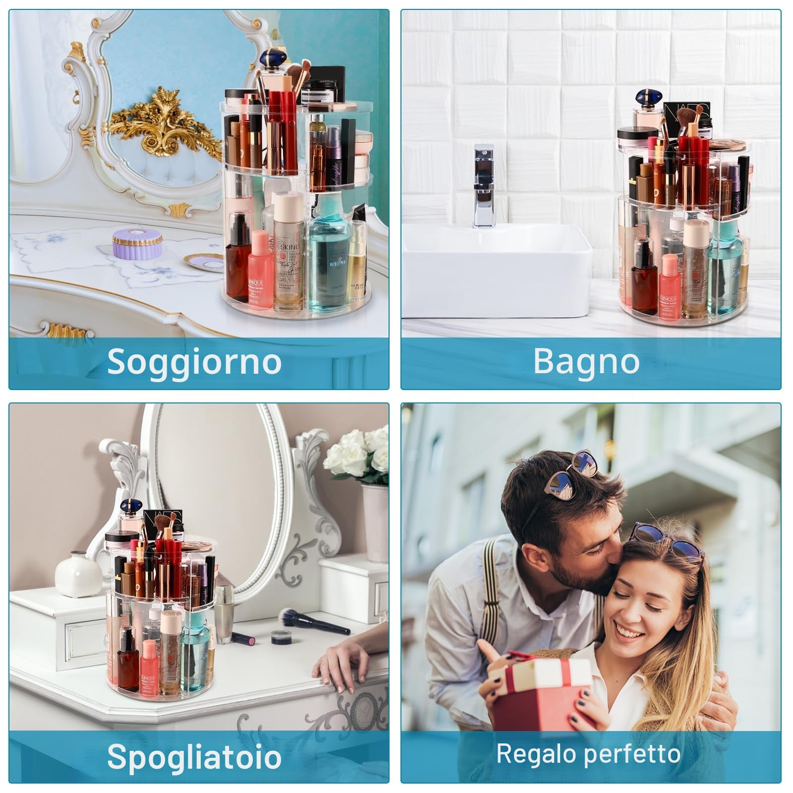 Mkitnvy Organizzatore di Trucco, Rotante a 360°, Make Up Organizer Porta Creme Ripiani Regolabili, Multifunzione pour Profumi Bagno