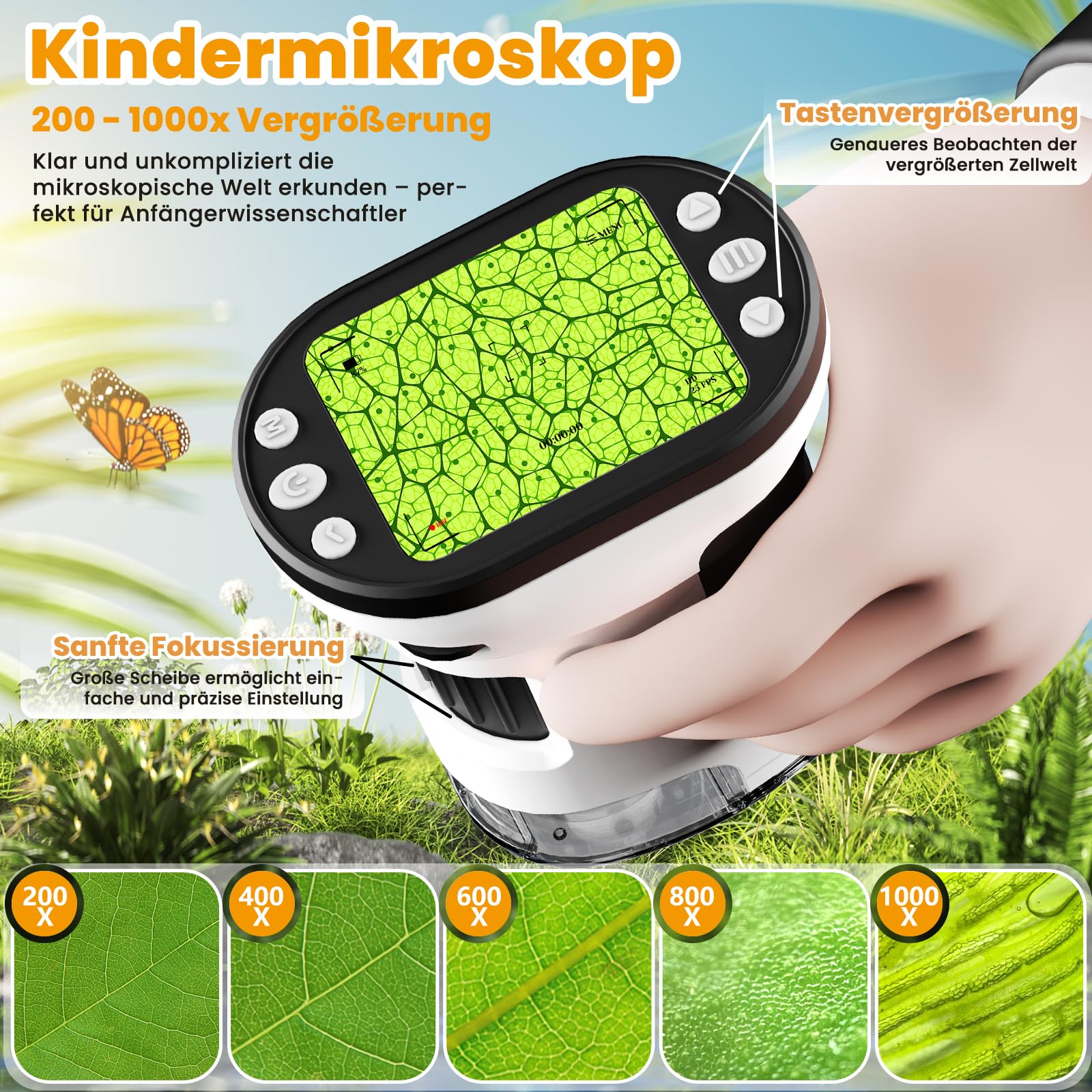 FIVAVA Microscope numérique portable 1000X pour enfants, avec écran IPS de 2,0", loupe pour enfants, rechargeable par USB, kit de diapositives, carte mémoire 32G et support, jouet de jardin pour