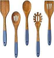 Vista 1 de Cucharas de madera de acacia para cocinar: juego de utensilios de cocina y cocina de 5 piezas - espátula de madera, cuchara ranurada y para pasta