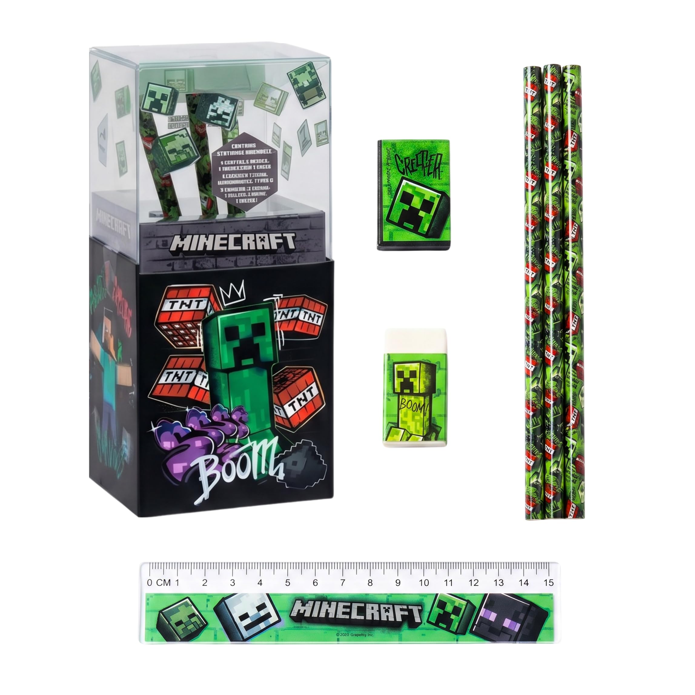 Minecraft Desk Organiser for Boys, Stationery Set Includes Eraser, Ruler, Sharpener and Pencils, Gift for Kids