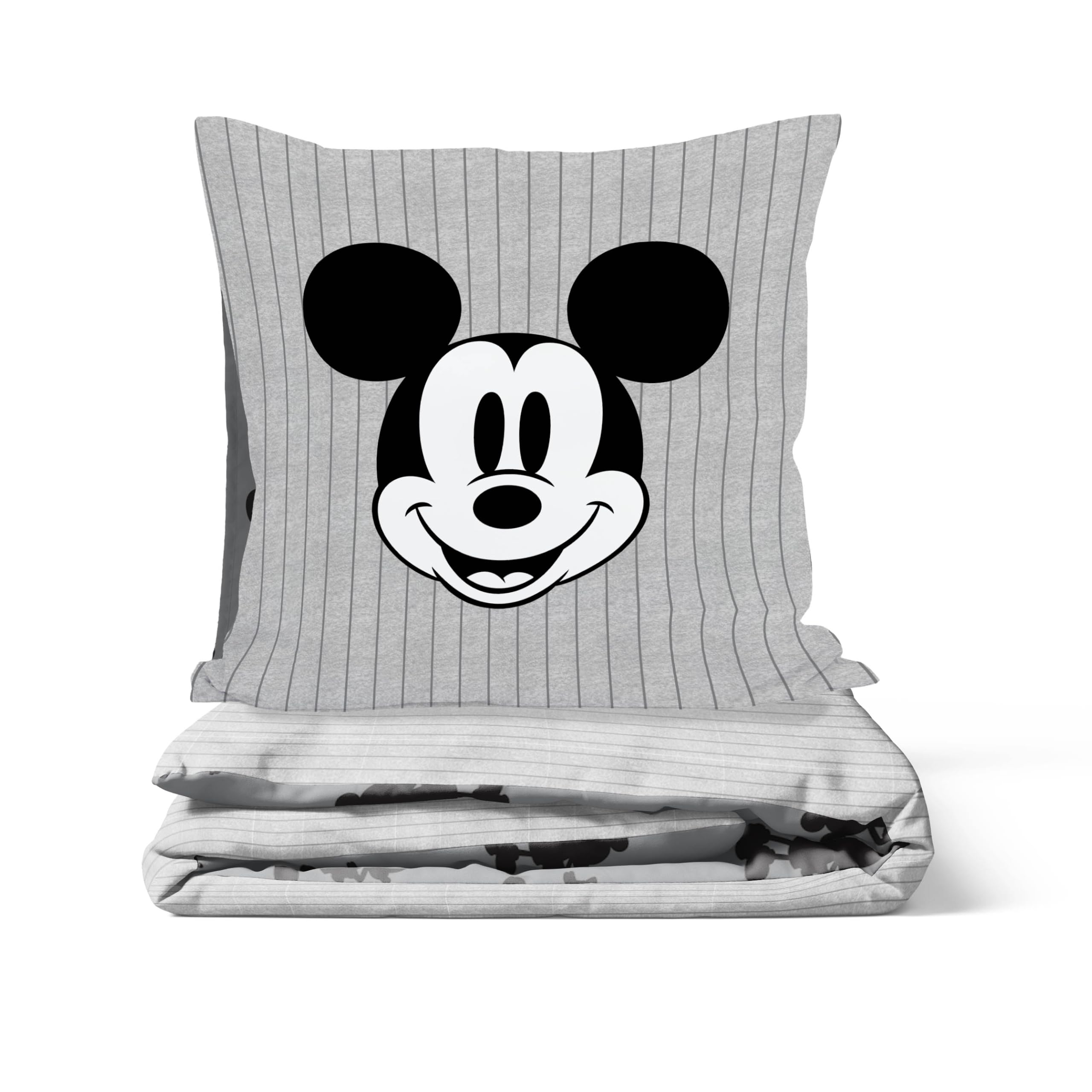 Juego de Cama de Mickey Mouse Disney a Rayas con Funda de edredón para Cama Individual de algodón Afelpado - Incluye una Funda de Almohada de 80 x 80 cm