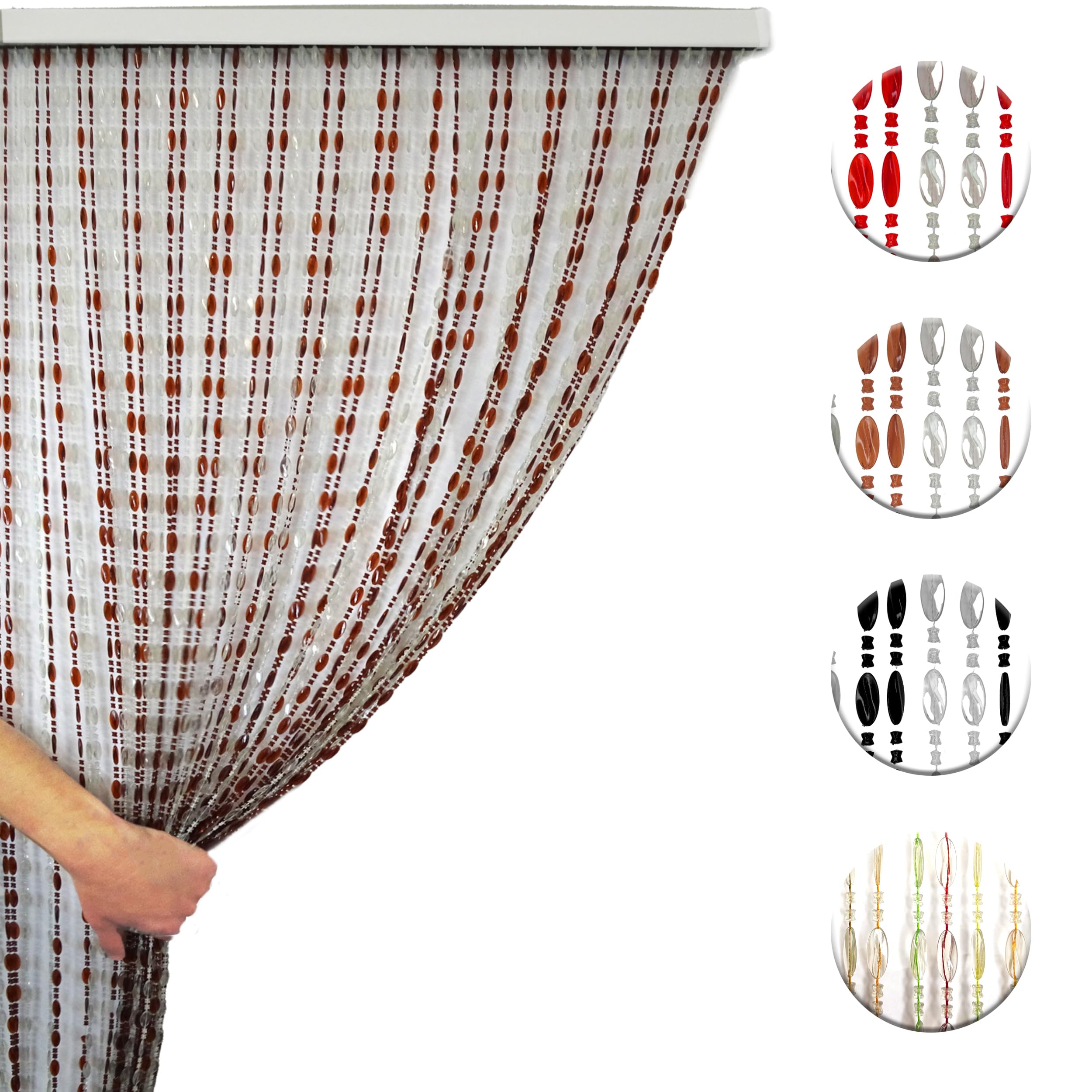 Tenda Antimosche a Perline Bicolore con Fili Alternati, Moschiera a Pannello Ombreggiante Divisoria per Porta Finestra Ingresso Balcone Giardino con Kit Ganci - Trasp/Marrone, 100x220