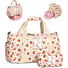 Elilier Granddaughter Gift from Grandma, Girls Preppy Overnight Bag, Birthday Gifts for Girl Kids, Initial Travel Duffle Bag with Makeup Bag, Trendy Stuff for 4-6, 6-8, 8-12 Year Old Girls Beige N