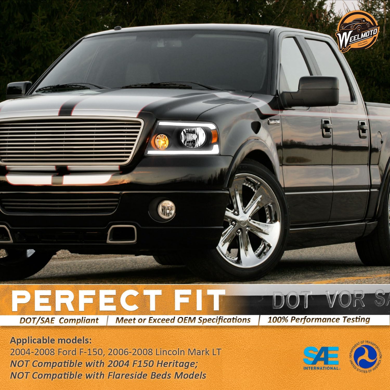 WEELMOTO DRL Headlights for Ford F-150 2004 2005 2006 2007 2008, 06-08 Lincoln Mark LT Replacement Headlamp, Black Housing with Amber Reflector
