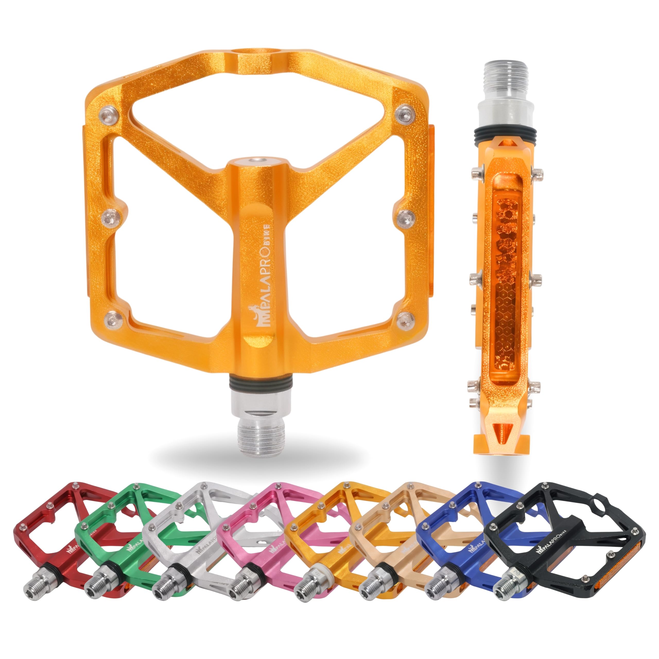 IMPALAPRO Pédales Plates Vélo en Aluminium CNC avec Réflecteurs Ultralégères 298 g – Pedale VTT Plateforme Moyenne 100×95 mm avec 12 Pins INOX Antidérapants