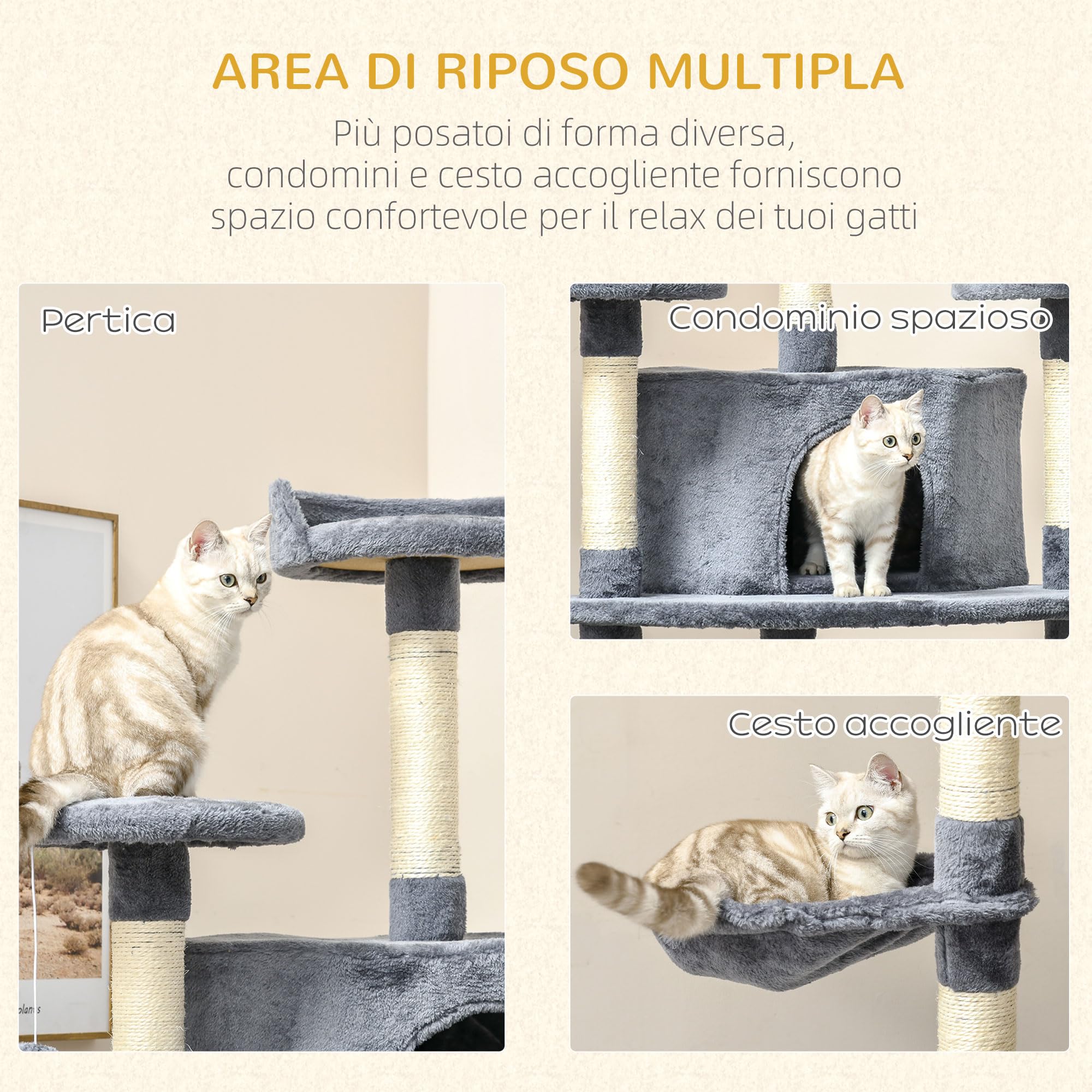 PawHut Albero Tiragraffi per Gatti Alto 200cm 60x60x200cm Grigio Chiaro