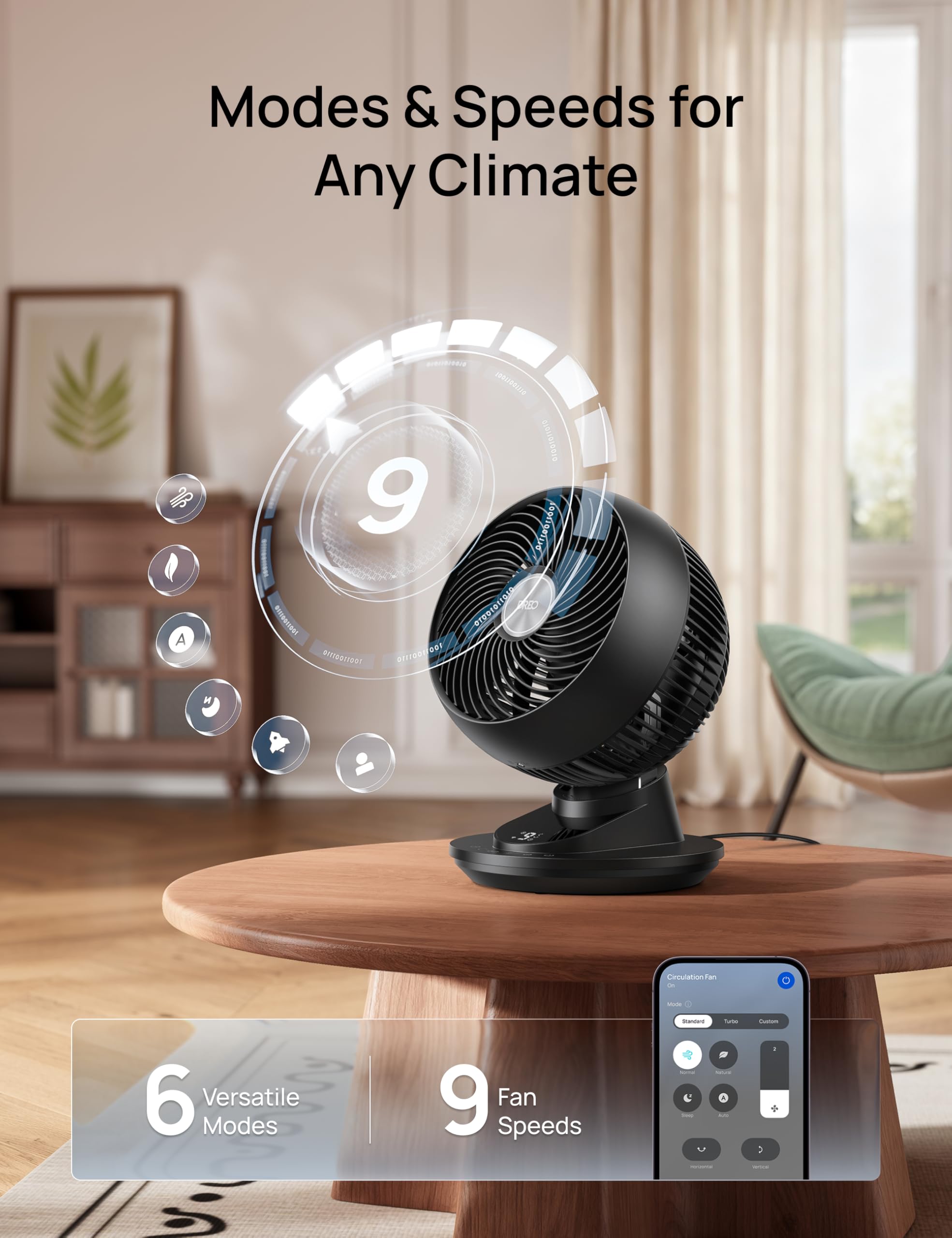 DREO Inteligentny wentylator stołowy 3D, wydajny przepływ powietrza 8,8 m/s, ultra cichy 22 dB, oscylacja 90°, sterowanie za pomocą aplikacji i głosem, 9 prędkości, timer 8/12 h do domu i biura