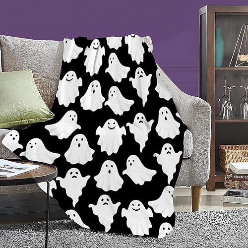Miniatura 5 de Jbralid Manta de Halloween divertida con fantasma, lindo y espeluznante de Halloween, manta de franela ligera y acogedora para dormitorio, sala de