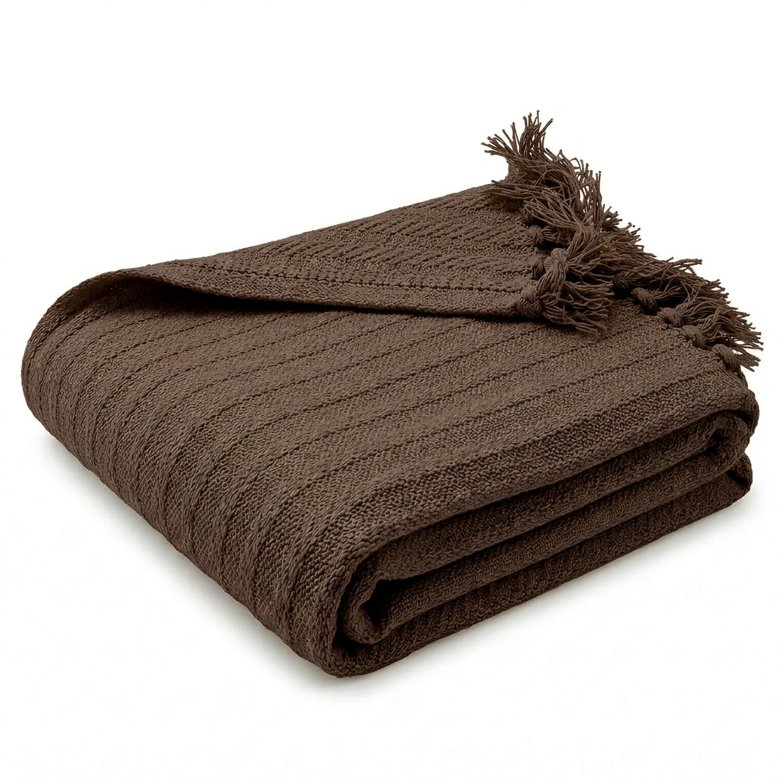 Olivia Rocco Cable Knit Throw Blanket 100% Cotton Soft Warm Knitted Throws for Sofas Couch Bed with Tassel Design 120 x 150 cm, Dark Brown