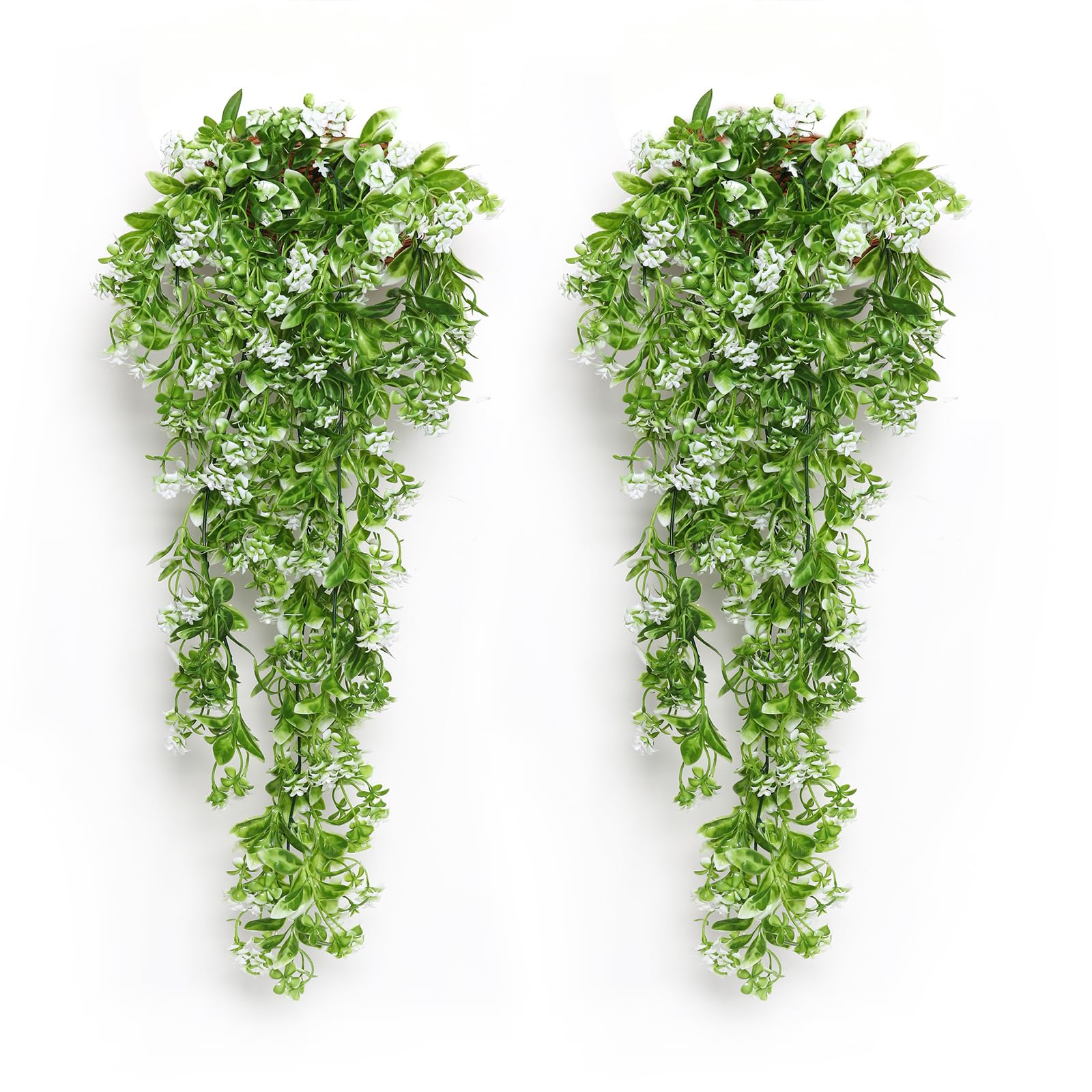 RECUTMS 2Pcs Fake Hanging Plants Artificial Hanging Flowers for Outdoor Decoration Faux White Flowers Artificial UV Resistant Plastic Greenery Vines Ivy for Outdoor Indoor Garden Party Decor?White?
