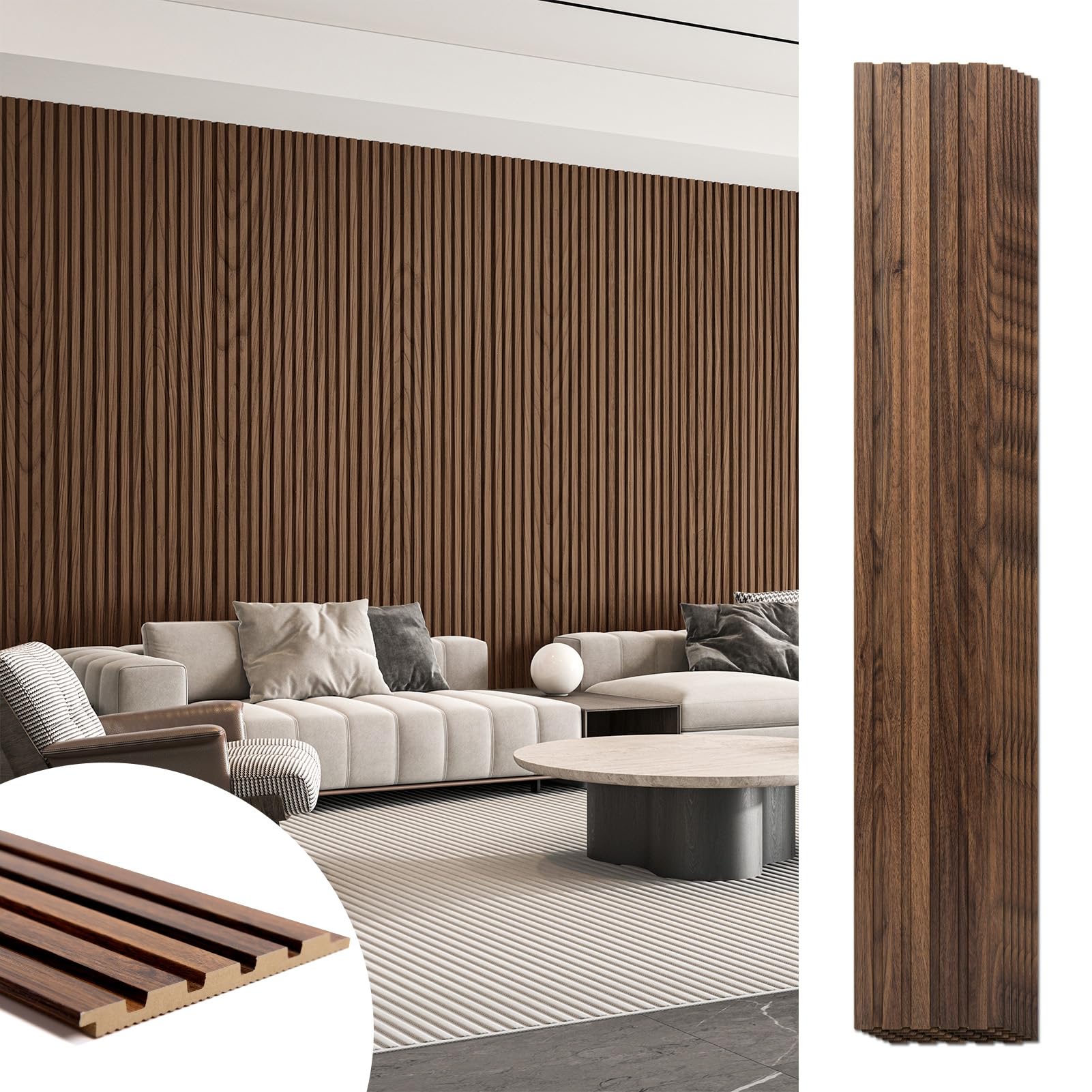 Art3d Wood Slat Wall Panels, Fluted MDF, 6-Pack, 94.6 x 7.4 in,Walnut