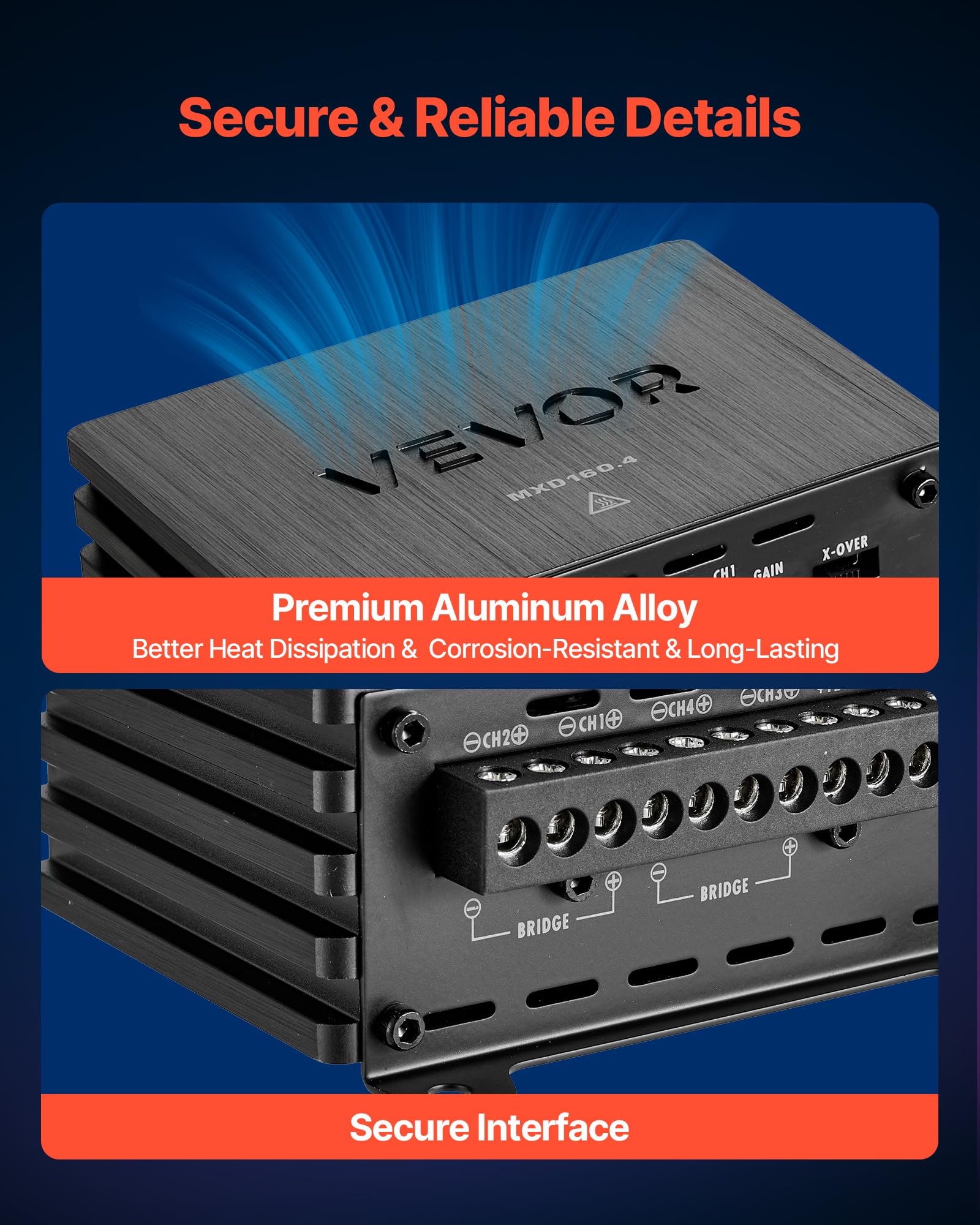 VEVOR Amplificatore Audio per Auto a 4 Canali Amplificatore a Ponte di Classe D max. 4x110 W a 4 Ohm/4x160 W a 2 Ohm, Tensione Nominale 14,4V CC Larghezza di Banda 10 Hz-30 kHz per Veicoli SUV
