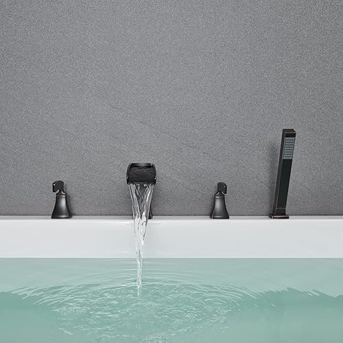 Miniatura 27 de Llenador de bañera romana cascada grifo de bañera cromado, grifos de baño de latón de 4 agujeros con ducha de mano Cromado,Negro -,Oro