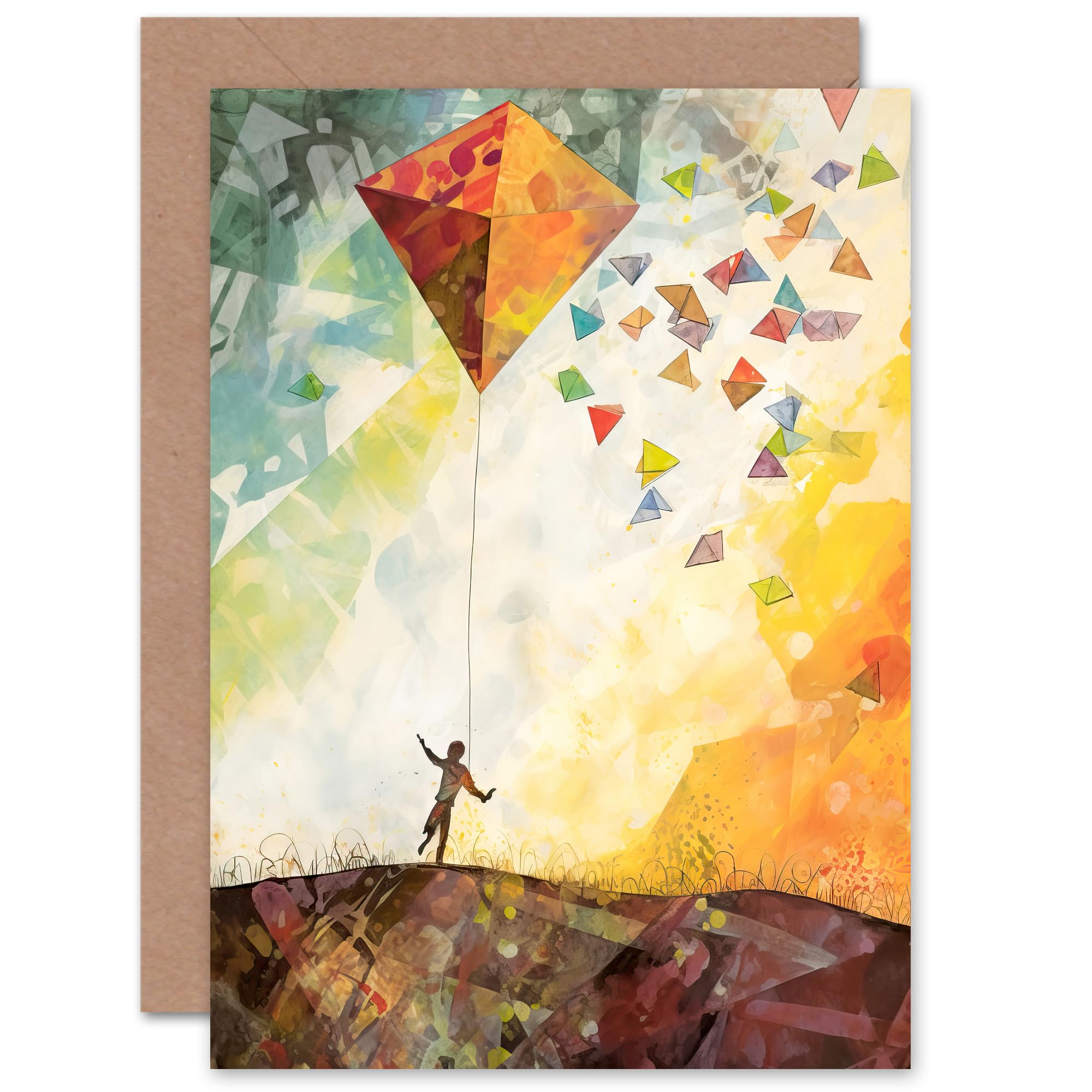 Artery8 Carefree Kite Rainbow Landscape Freedom for Child Children Kids Birthday Congratulations Daughter Son Blank Art Greeting Card