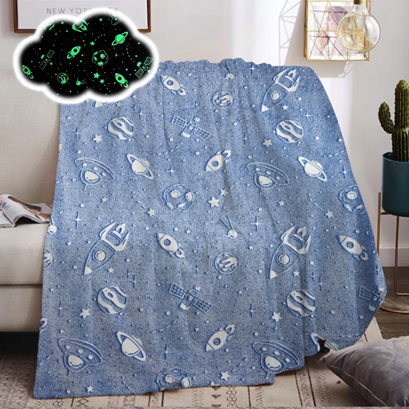 AVJWWD Glow in The Dark Throw Blanket, Galaxy Stars Pattern Soft Flannel Fleece Blanket,All Season Space Blanket Couch Sofa Nap Blanket for Kids Girls Boys Adults Gifts (Space B, 130 x 150 cm)